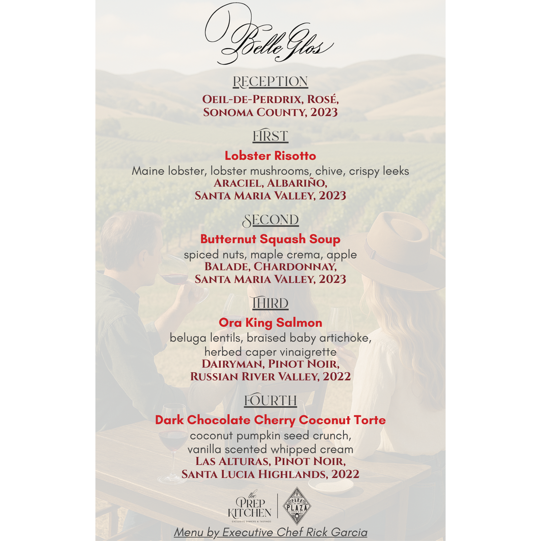 Menu for The Chef’s Experience: A Belle Glos Winter Gathering featuring four courses with curated Belle Glos wine pairings