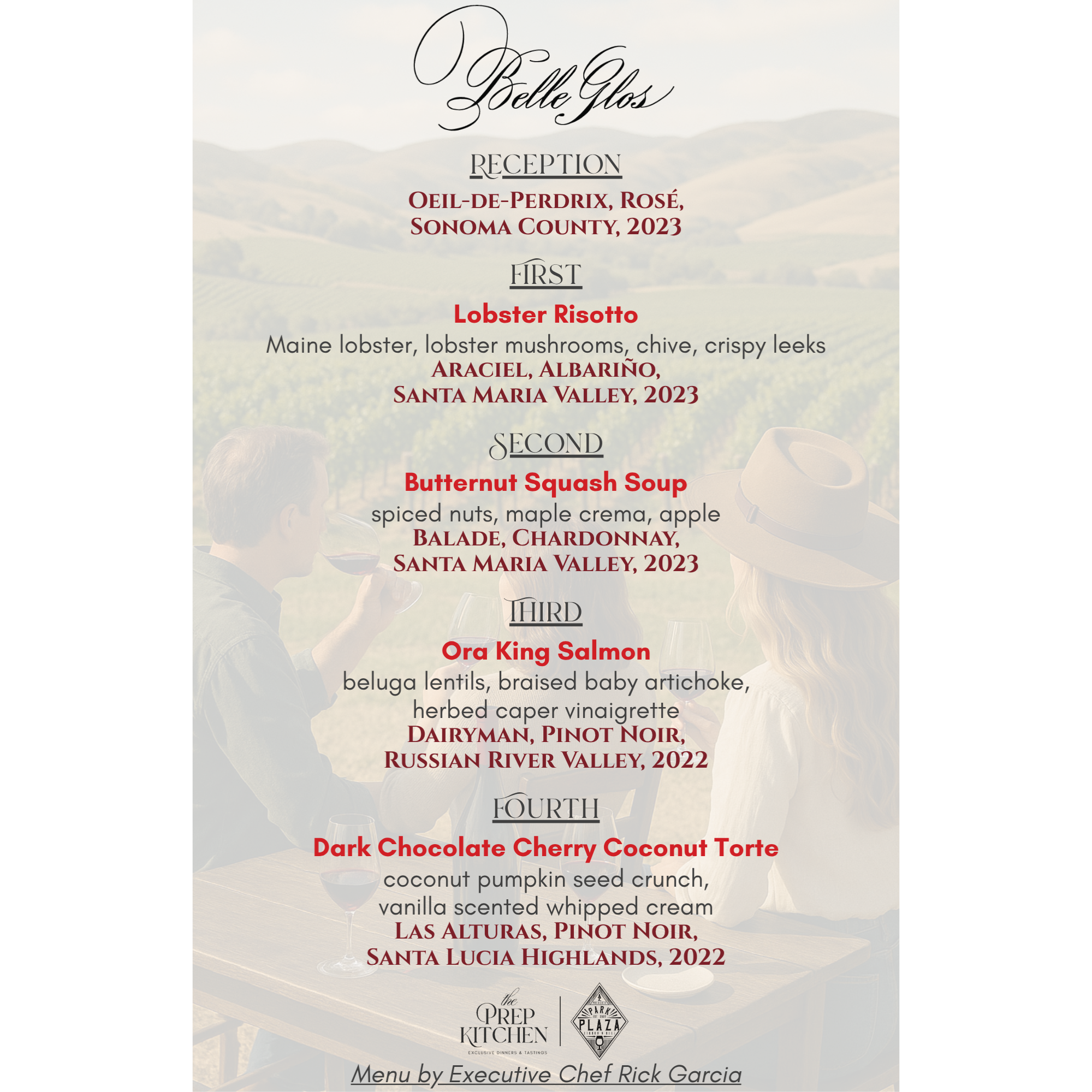 Menu for The Chef’s Experience: A Belle Glos Winter Gathering featuring four courses with curated Belle Glos wine pairings