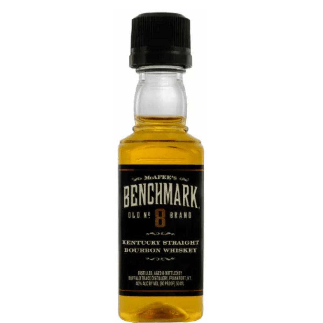 Benchmark Old no.8 Bourbon 50ml bottle with notes of caramel, stone-fruit, oak, and dried cherries, offering a smooth finish.