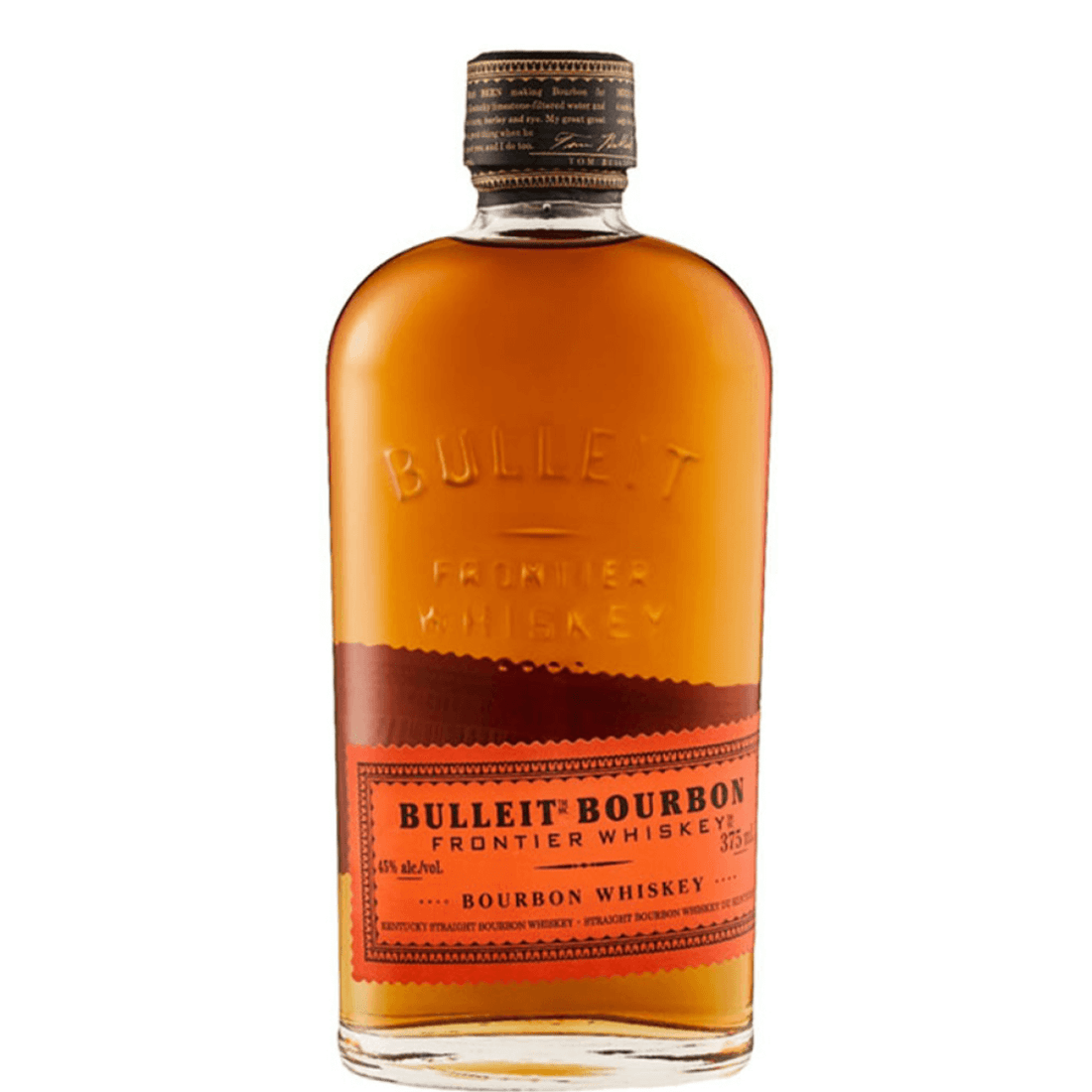 Bulleit Bourbon 375ml bottle with bold, spicy flavor from high rye content, distilled with Kentucky limestone water for a smooth finish.
