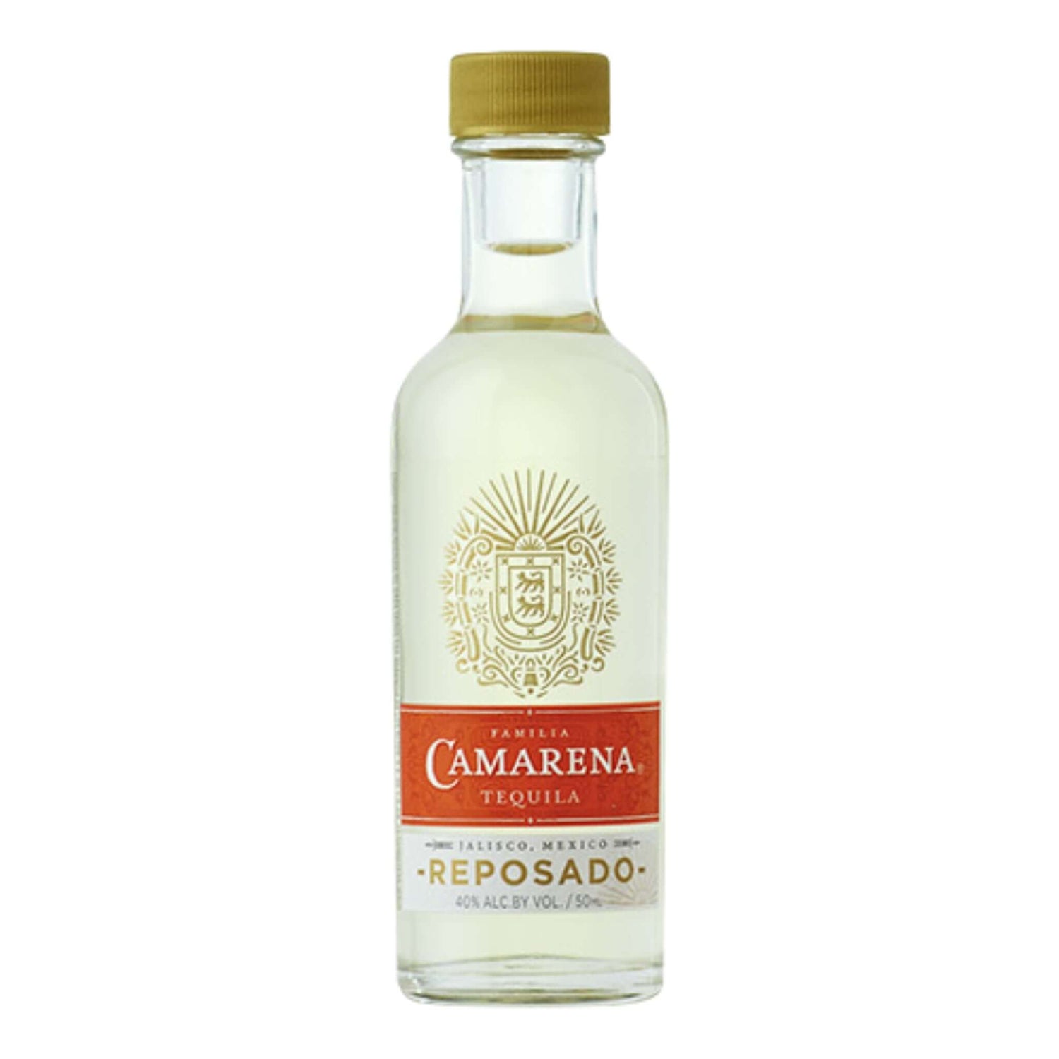 Camarena Reposado Tequila 50ml bottle with gold cap, aged in Tennessee whiskey barrels, from Los Altos, Jalisco, Mexico.