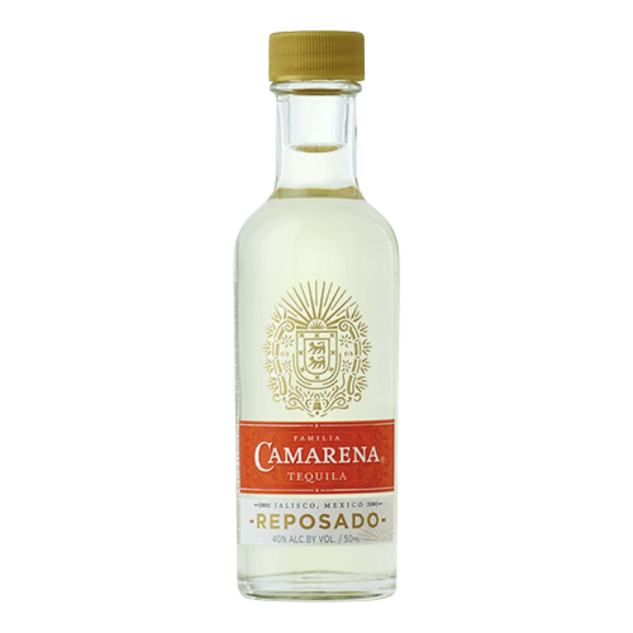 Camarena Reposado Tequila 50ml bottle with gold cap, aged in Tennessee whiskey barrels, from Los Altos, Jalisco, Mexico.