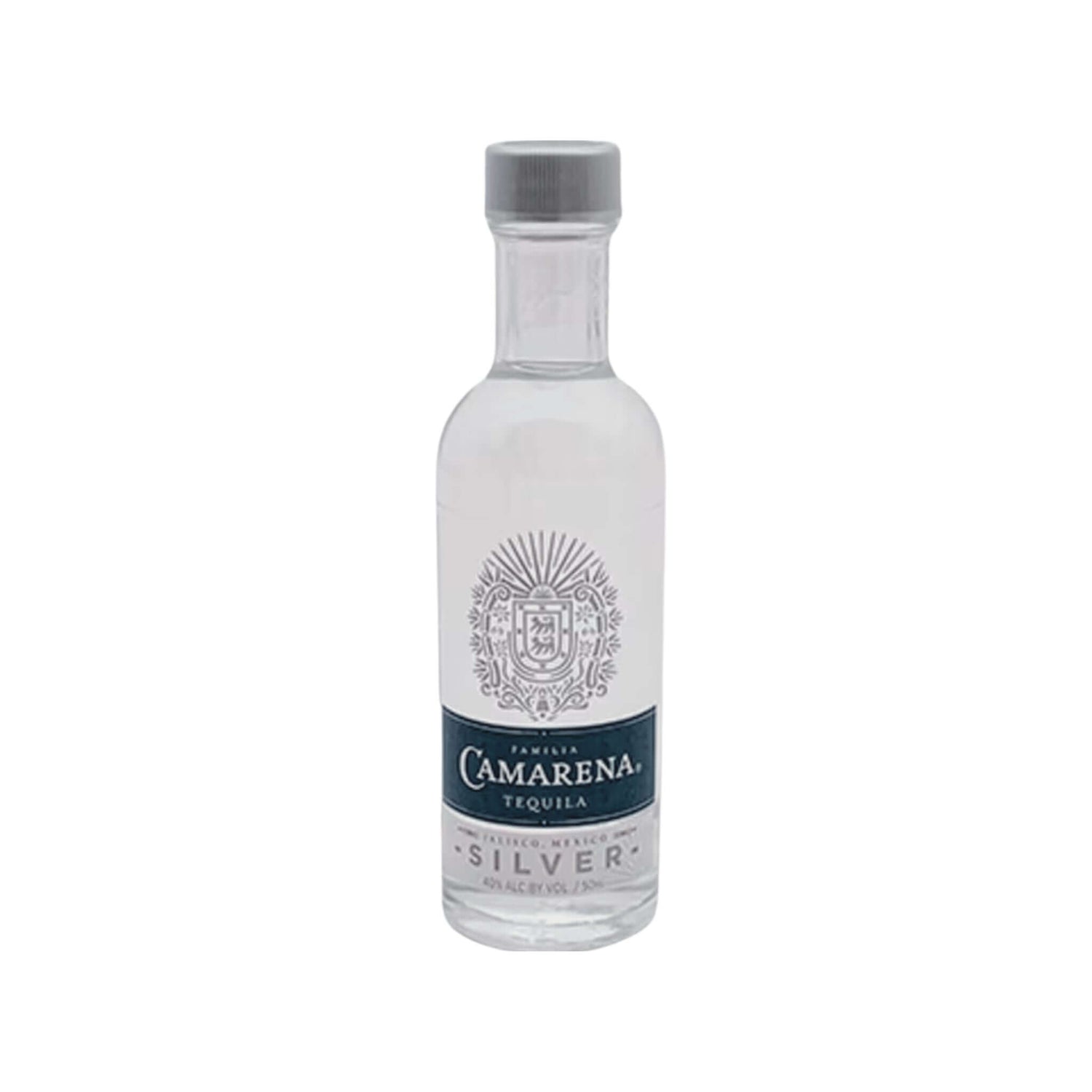 Camarena Silver Tequila 50ml bottle from Jalisco Highlands, crafted with blue Weber agave, unaged and vibrant spirit in clear packaging.