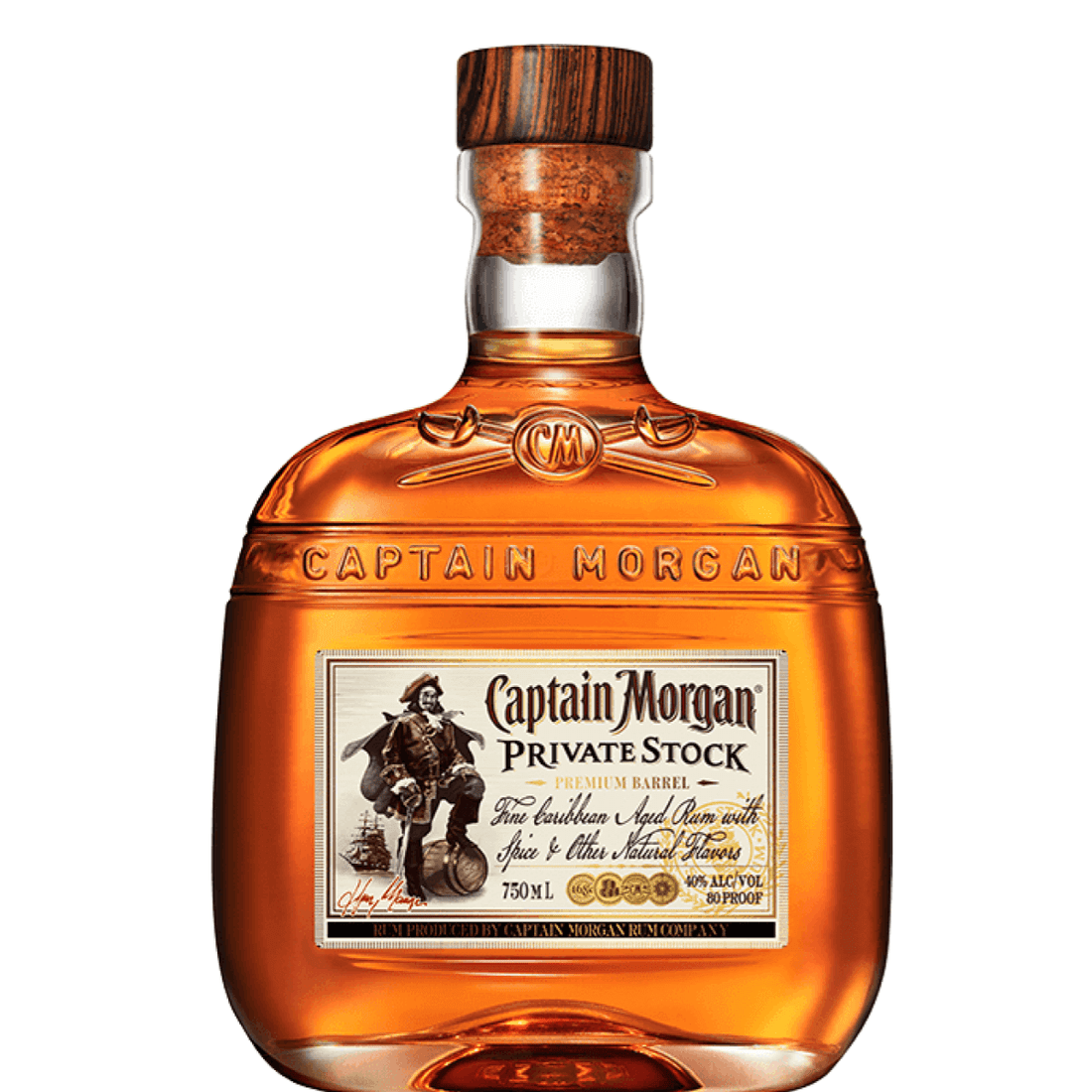 Captain Morgan Private Stock Rum 750ml bottle, aged over two years, crafted in U.S. Virgin Islands, rich and complex character.
