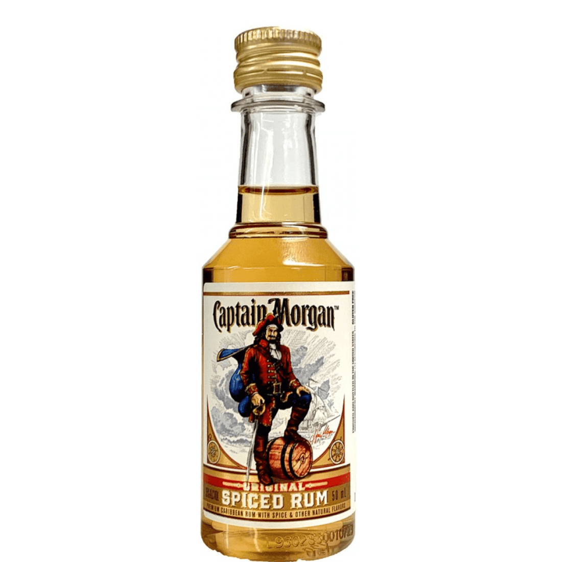 Captain Morgan Spiced Rum 50ml bottle with iconic pirate label, crafted in the U.S. Virgin Islands, renowned for its flavorful rum.