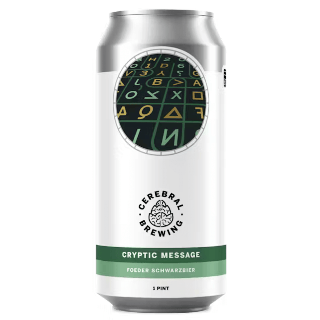 Cerebral Brewing Cryptic Message beer can on a white background