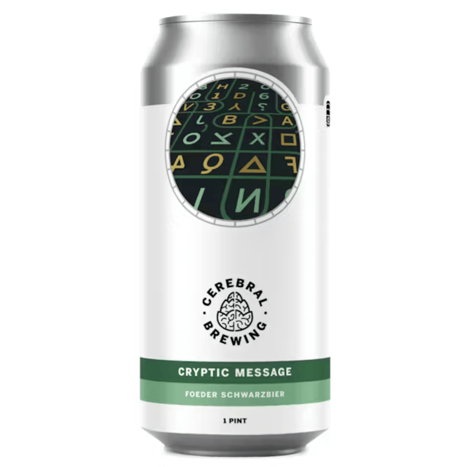 Cerebral Brewing Cryptic Message beer can on a white background