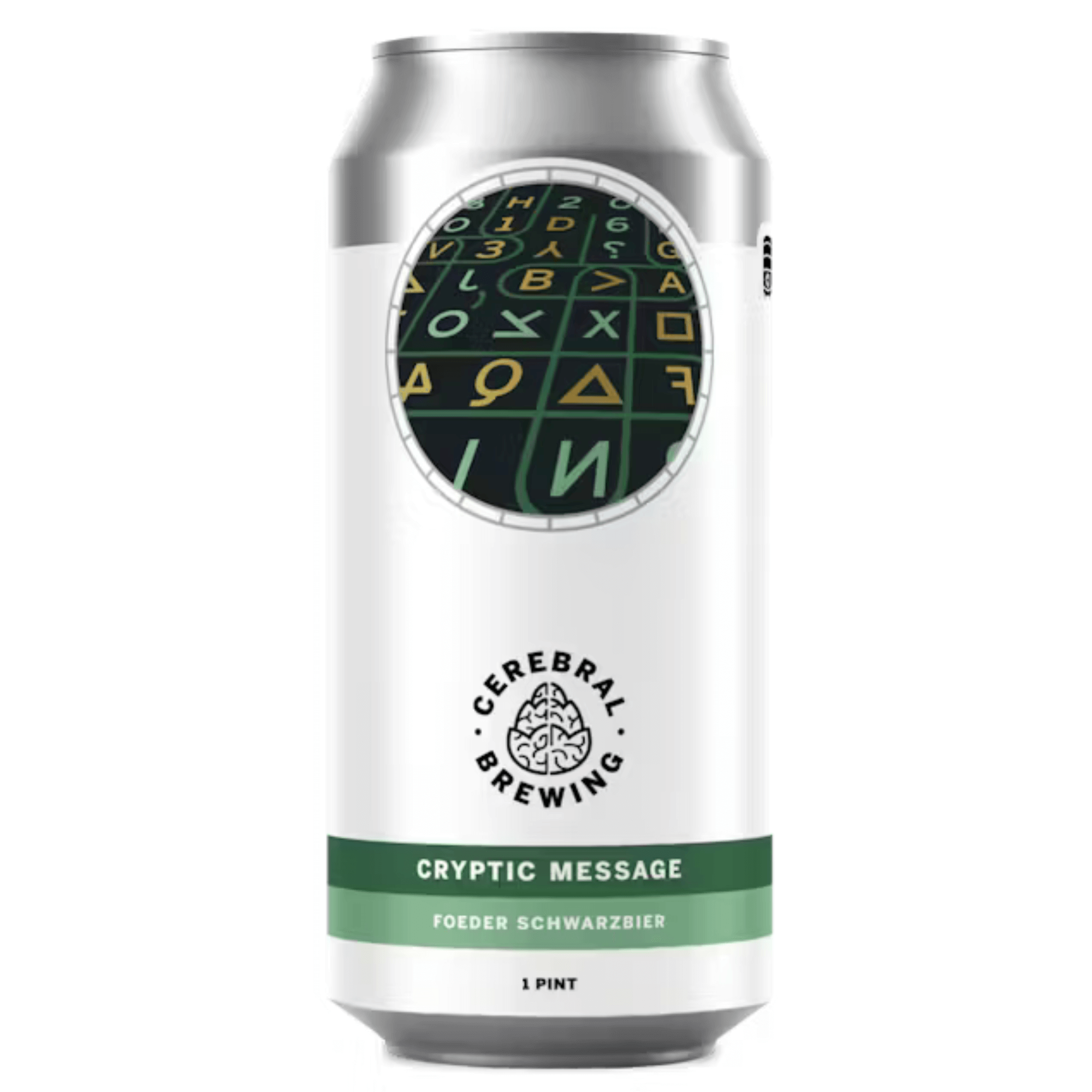 Cerebral Brewing Cryptic Message beer can on a white background