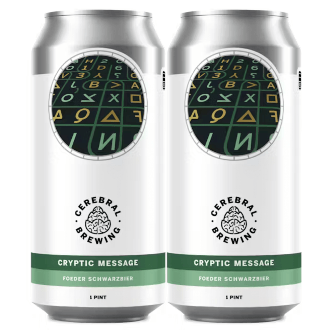 Four-pack of Cerebral Brewing Cryptic Message Schwarzbier cans with black labels and cream text, arranged in a black carrier.