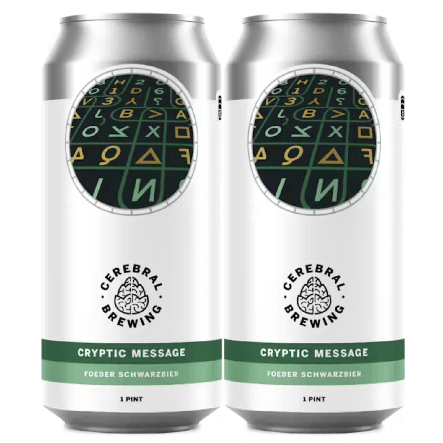 Four-pack of Cerebral Brewing Cryptic Message Schwarzbier cans with black labels and cream text, arranged in a black carrier.