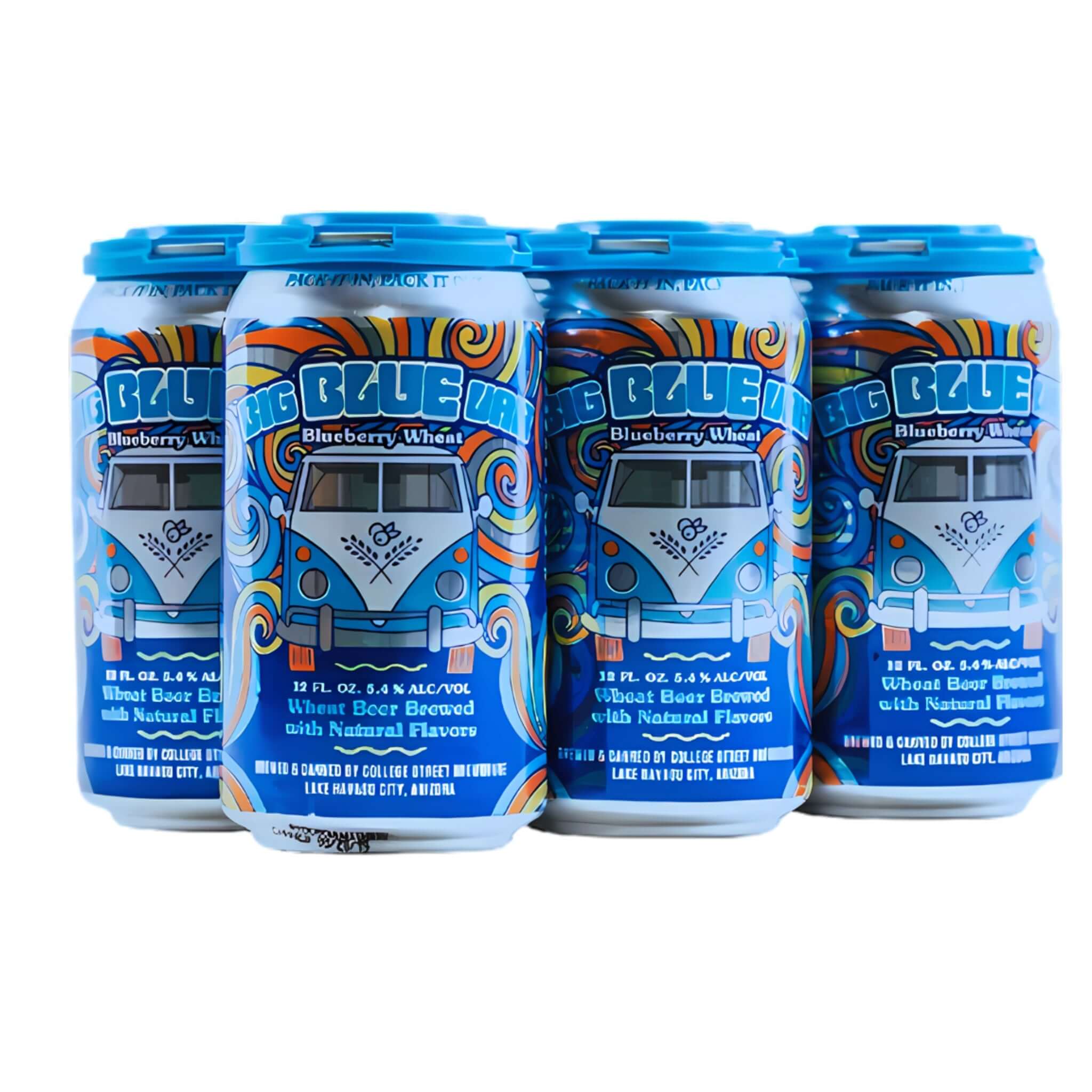 6-pack of Big Blue Van blueberry wheat ale, 12oz cans from College Street Brewhouse, featuring a bold blue van design.
