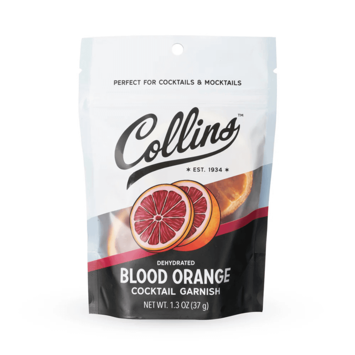Collins Dehydrated Blood Orange 1.3oz bag, perfect for cocktails, baking, and marinades. Features vibrant dehydrated slices.