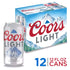 Coors Light 12 Pack 12oz cans with mountain design packaging, featuring American light lager beer for a refreshing taste.