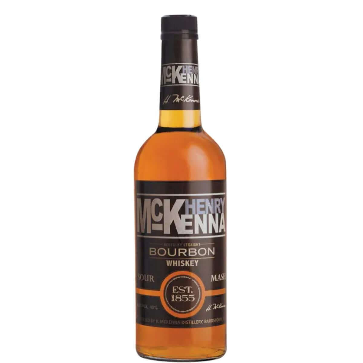 Henry McKenna 750ml Bourbon Whiskey Bottle from Kentucky, USA. Fruity, spiced notes with 40% ABV. Image of product label.