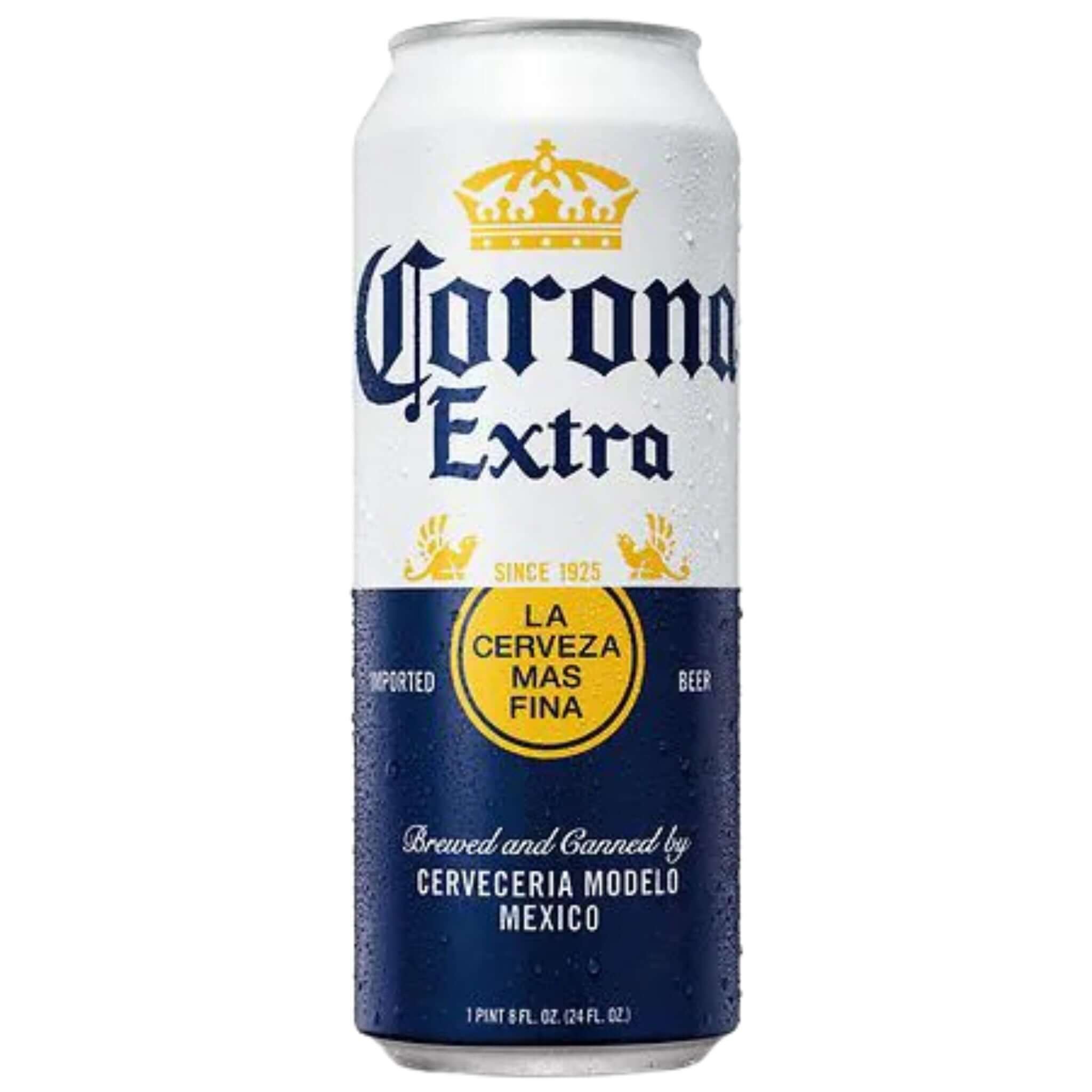 Corona Extra 24oz can, Mexican American Adjunct Lager from Grupo Modelo with 4.6% ABV, featuring crisp malt and citrusy aroma.