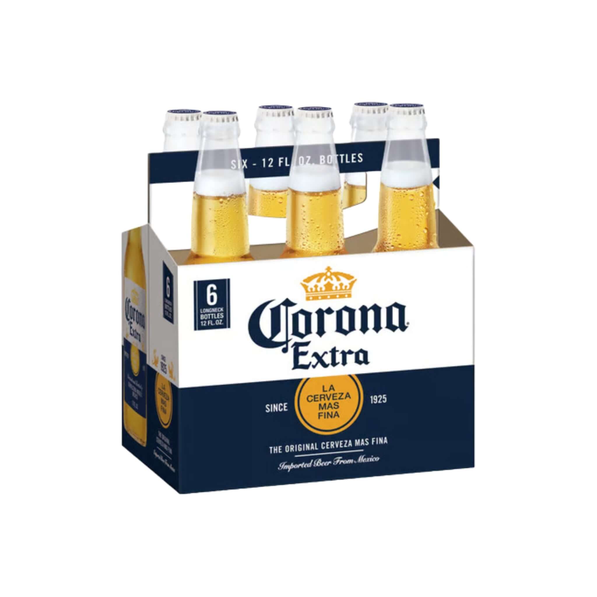 Corona Extra 6 pack of 12oz bottles with crisp, clean taste in a stylish box from Grupo Modelo, Mexico.