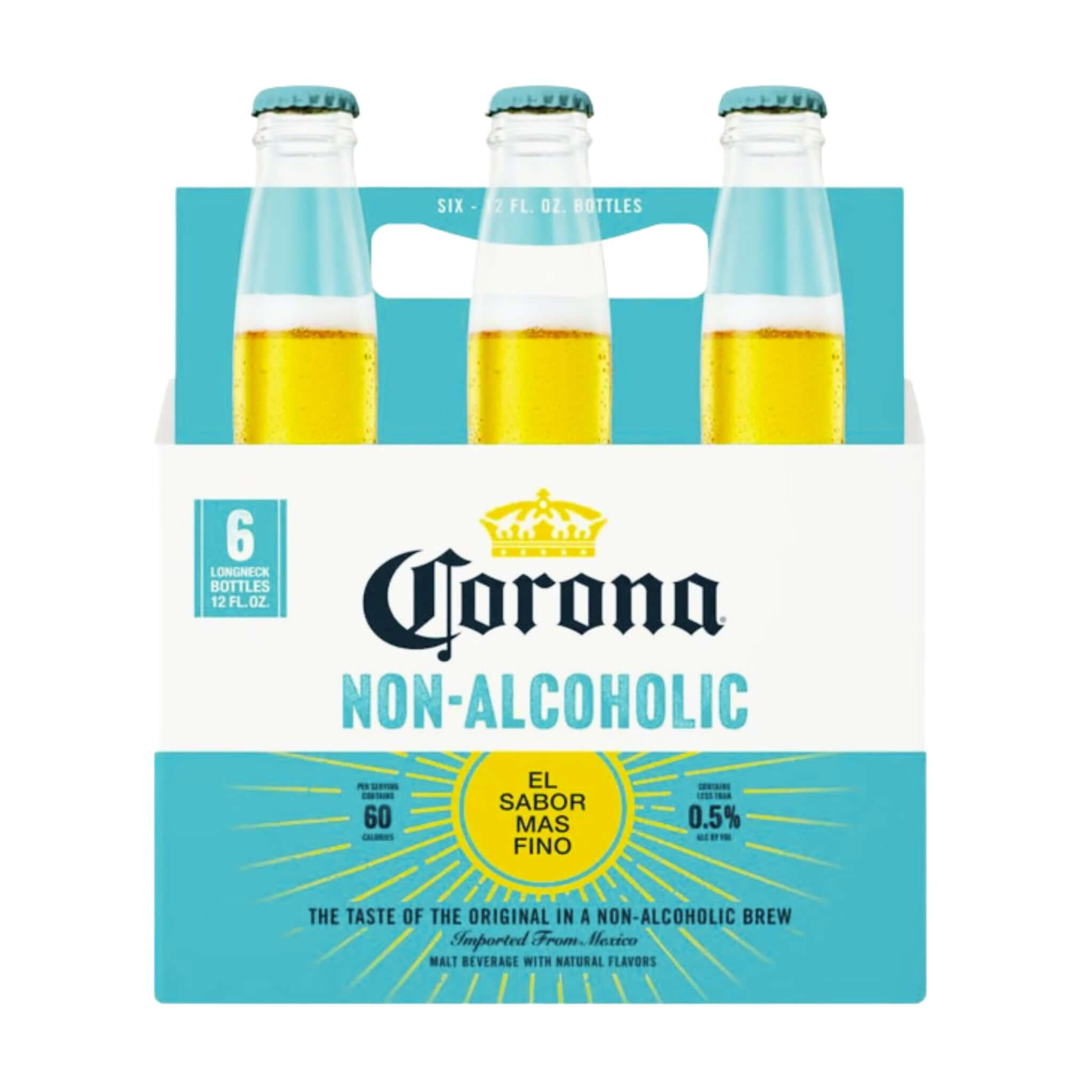 Corona Non-Alcoholic 6 pack of 12oz bottles in packaging, featuring a crisp non-alcoholic lager from Mexico with classic Corona flavor.