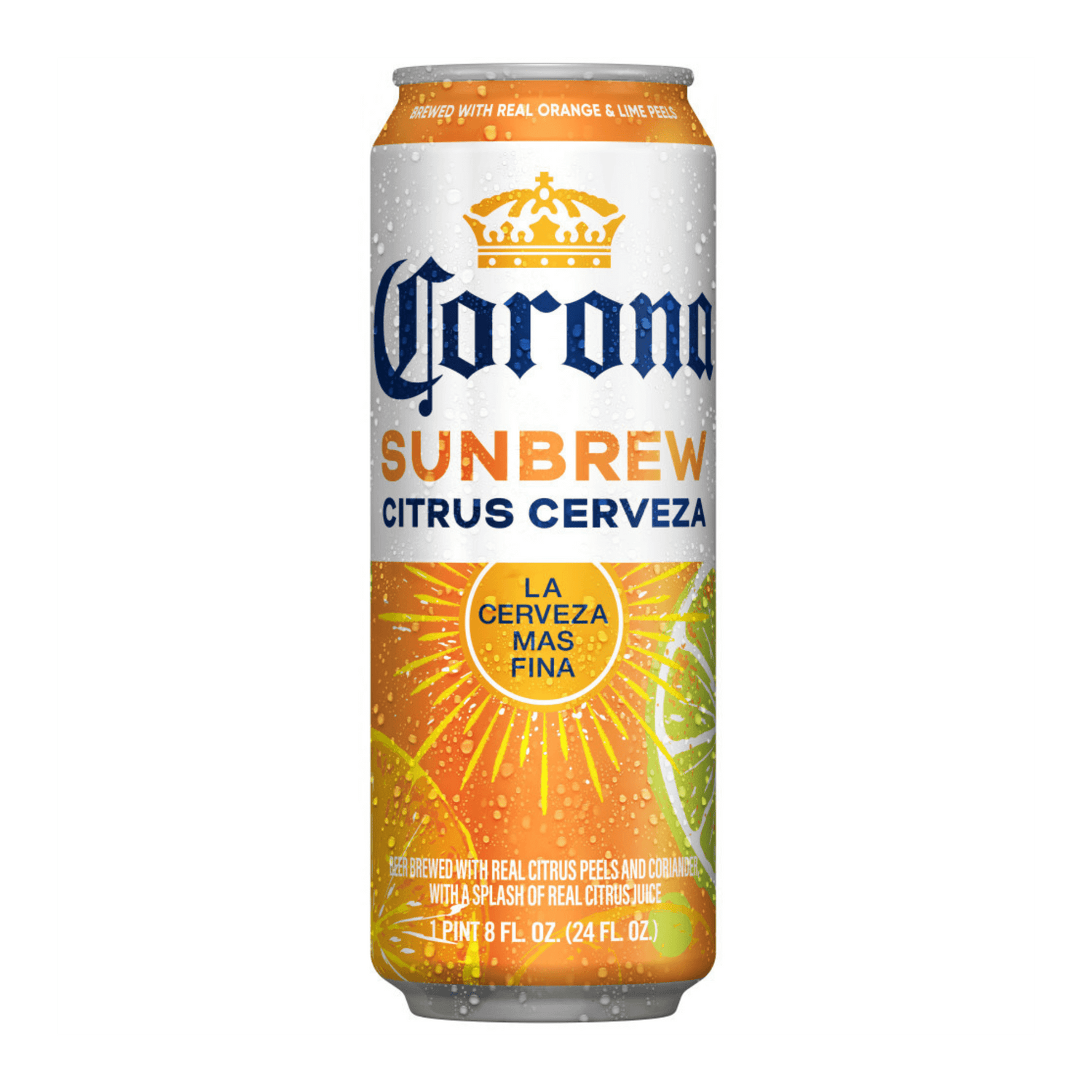 24oz can of Corona Sunbrew Citrus Cerveza, a Mexican lager with citrus infusion, featuring orange and lime imagery on the label.
