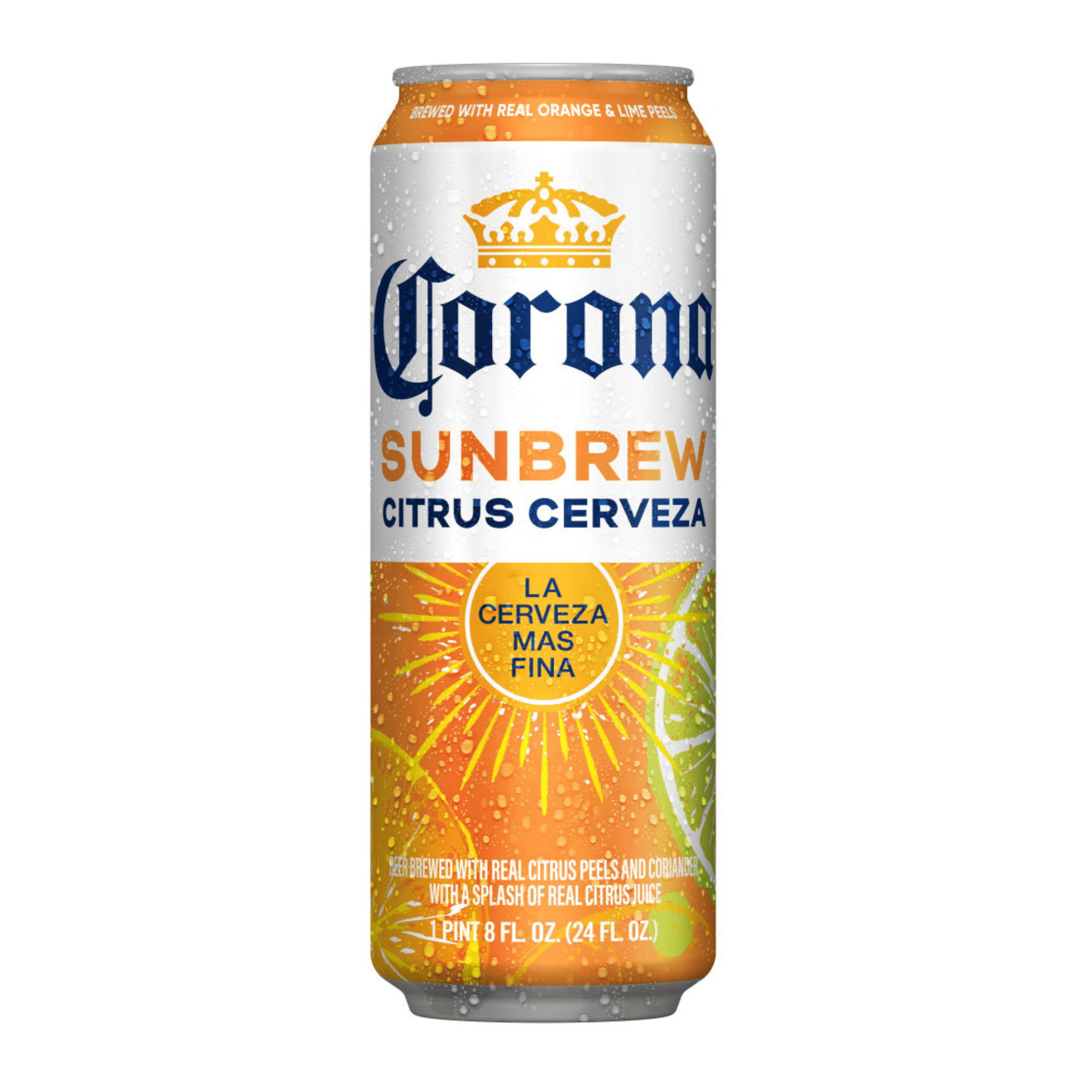 24oz can of Corona Sunbrew Citrus Cerveza, a Mexican lager with citrus infusion, featuring orange and lime imagery on the label.