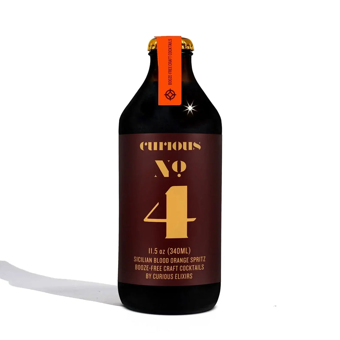 Curious Elixirs No.4 Sicilian Spritz non-alcoholic cocktail bottle, 11.5 oz, with bold label design for a refreshing, booze-free drink.