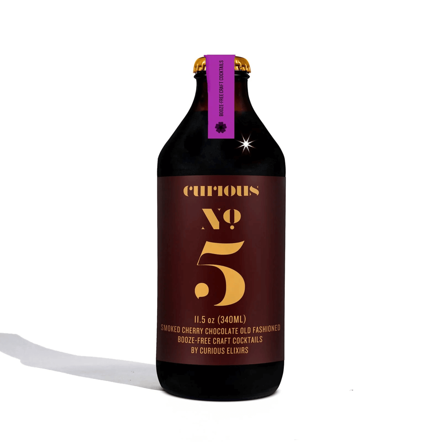 Curious Elixirs No. 5 Non-Alcoholic Old-Fashioned Cocktail 11.5oz Bottle with bold cherry-cacao flavor, crafted in the USA.