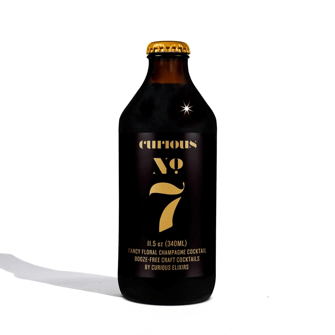 Curious Elixirs No. 7 non-alcoholic champagne cocktail bottle, 11.5oz, New York. Organic lemon, elderflower, sophisticated taste.