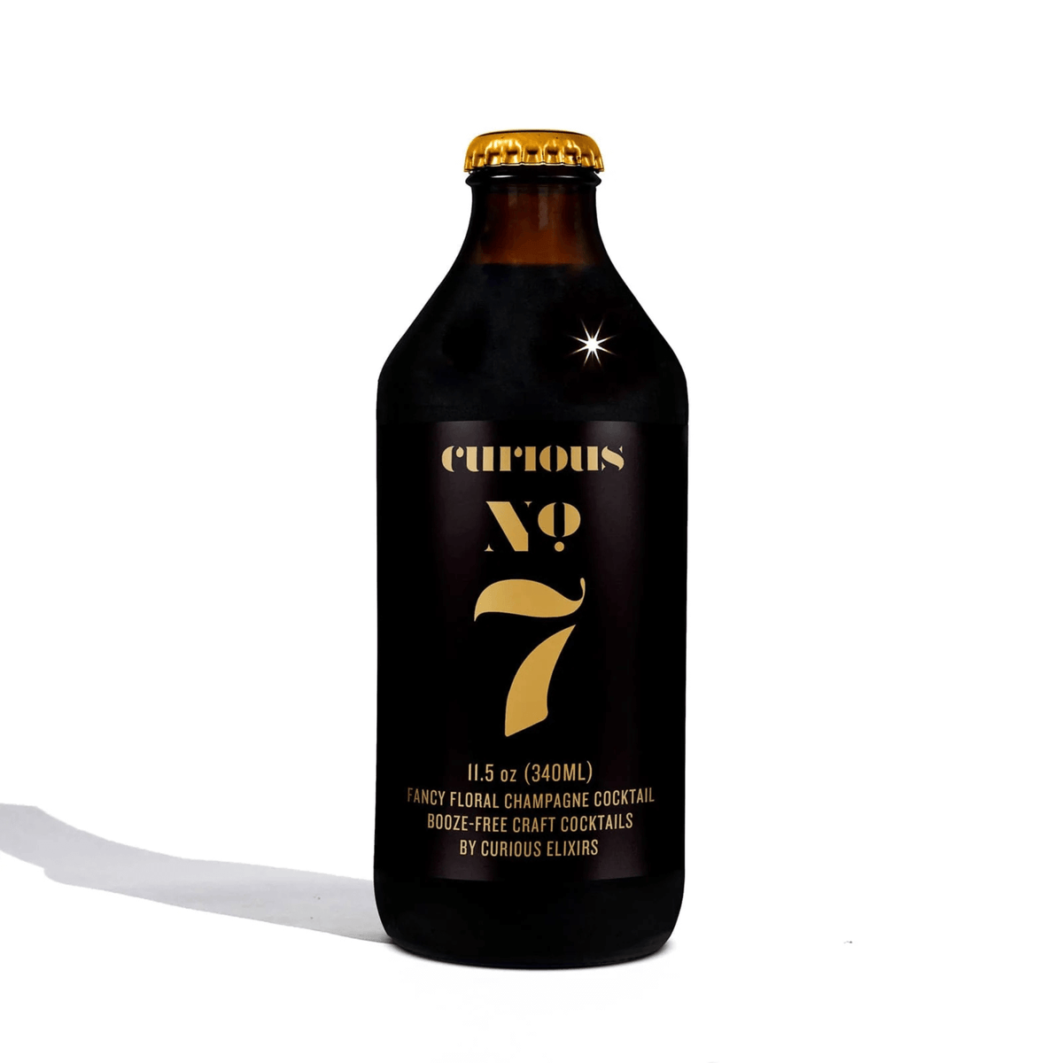 Curious Elixirs No. 7 non-alcoholic champagne cocktail bottle, 11.5oz, New York. Organic lemon, elderflower, sophisticated taste.