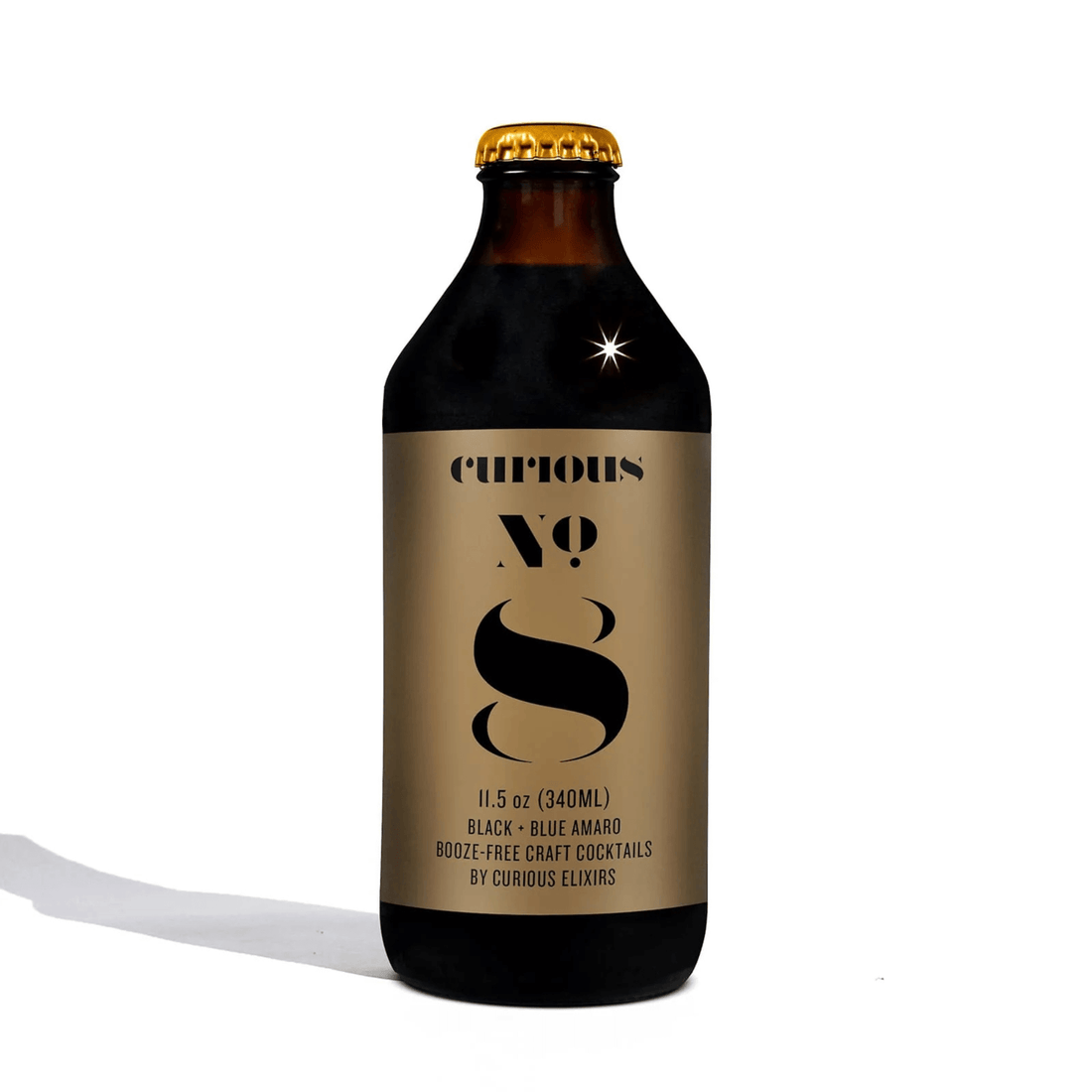 Curious Elixirs No. 8 Black + Blue Amaro Non-Alcoholic Cocktail 11.5oz bottle with ginger and spices, crafted in small batches.