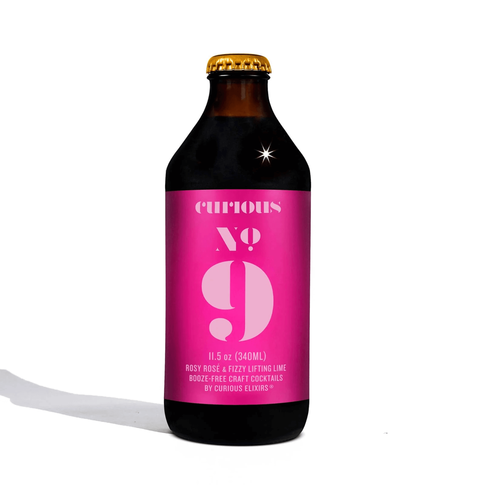 Curious Elixirs No. 9 Rosy Rose NA Cocktail 11.5oz Bottle with pink label, non-alcoholic drink, crafted in small batches, USA.