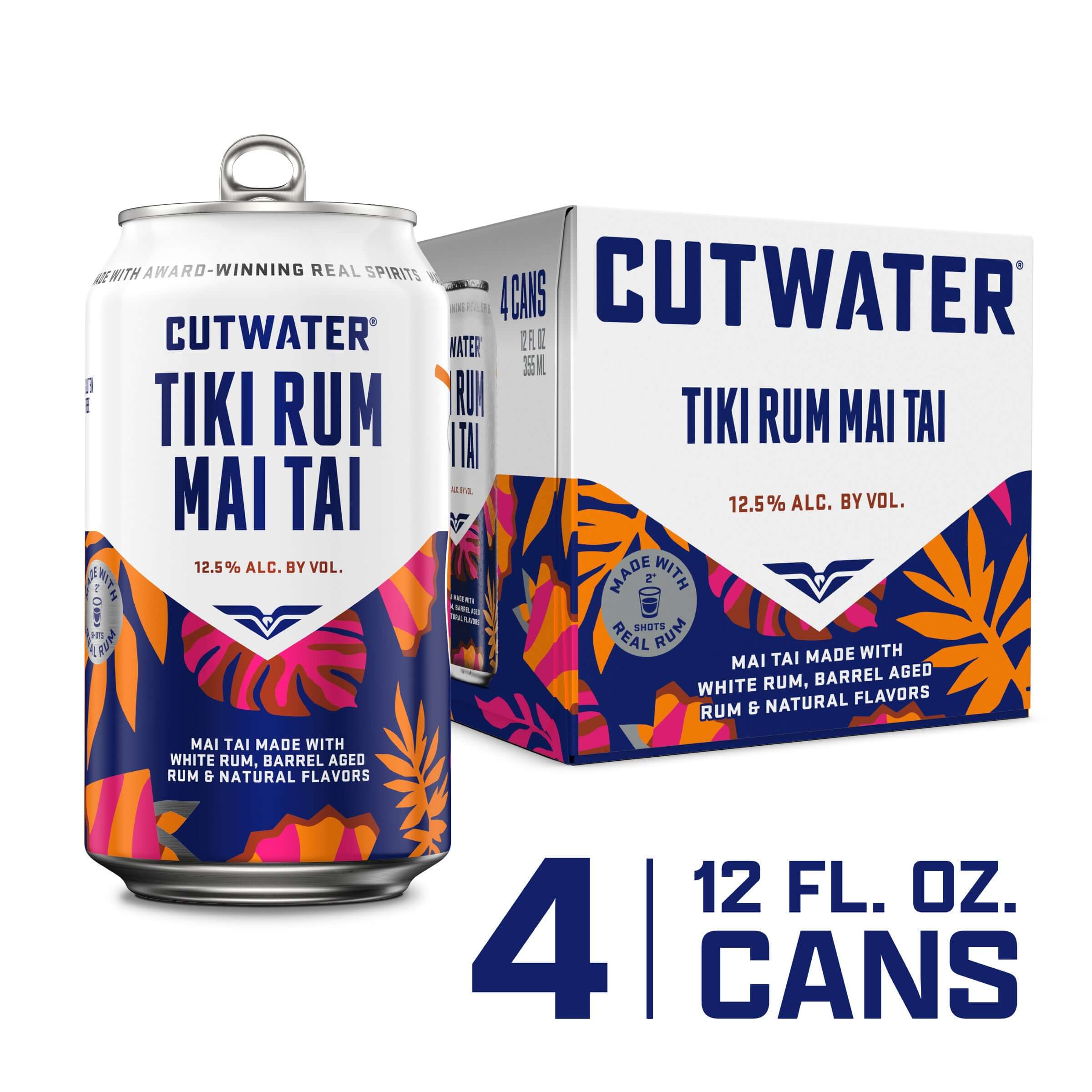Cutwater Bali Hai Tiki Rum Mai Tai 4-pack, 12oz cans with tropical design, showcasing award-winning rum cocktail in San Diego, USA.