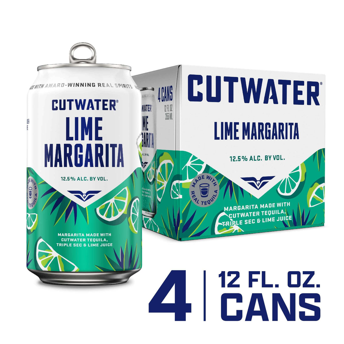 Cutwater Lime Tequila Margarita 4PK, 12oz cans with vibrant lime design, 12.5% ABV, San Diego crafted ready-to-drink cocktail.