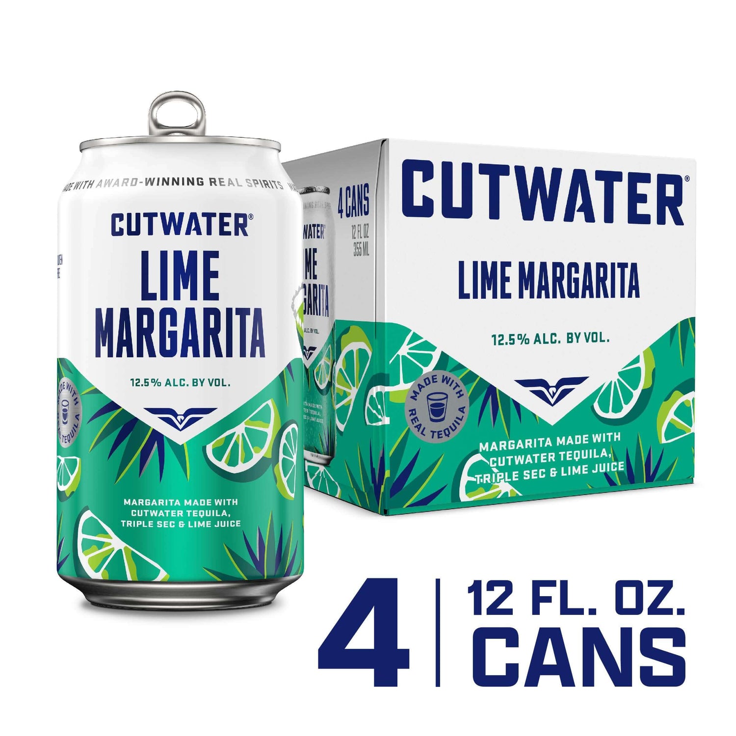 Cutwater Lime Tequila Margarita 4PK, 12oz cans with vibrant lime design, 12.5% ABV, San Diego crafted ready-to-drink cocktail.