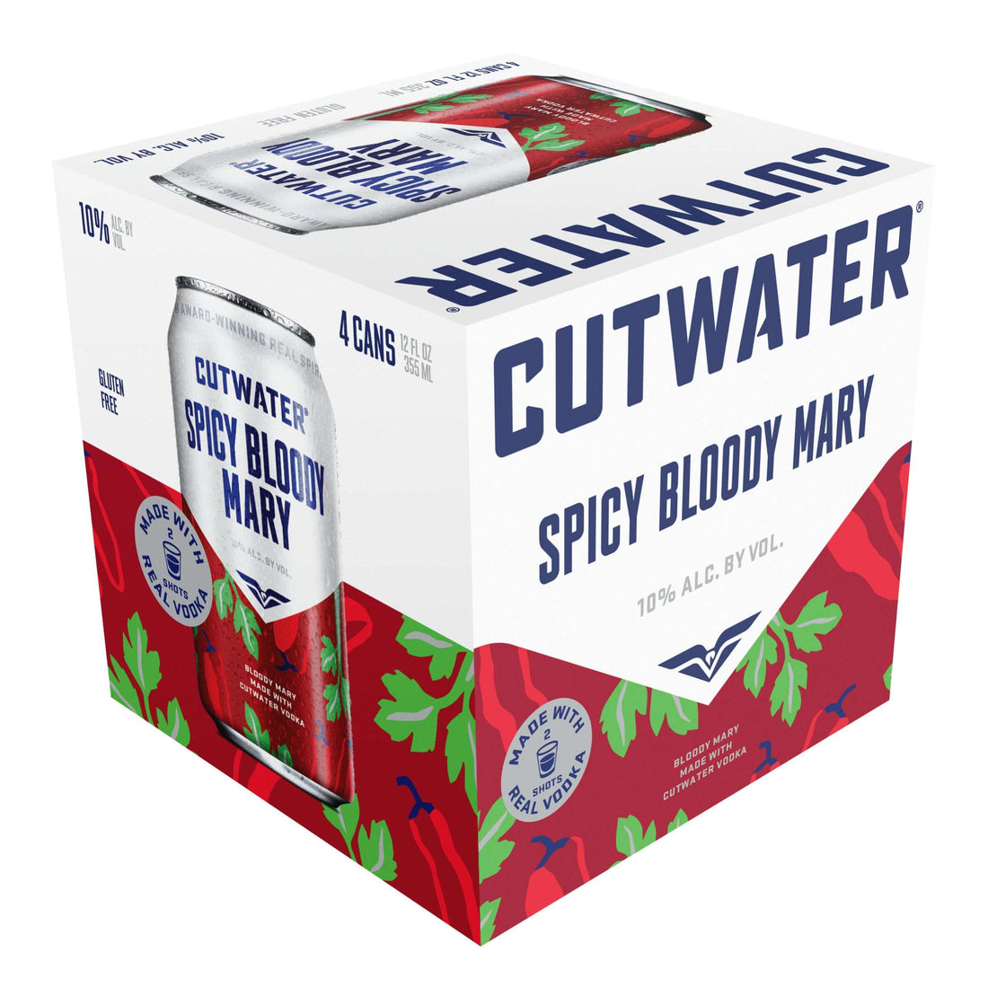 Cutwater RTD Spicy Bloody Mary 4 pack 12oz cans showing packaging design with gluten-free label and 10% ABV from San Diego.