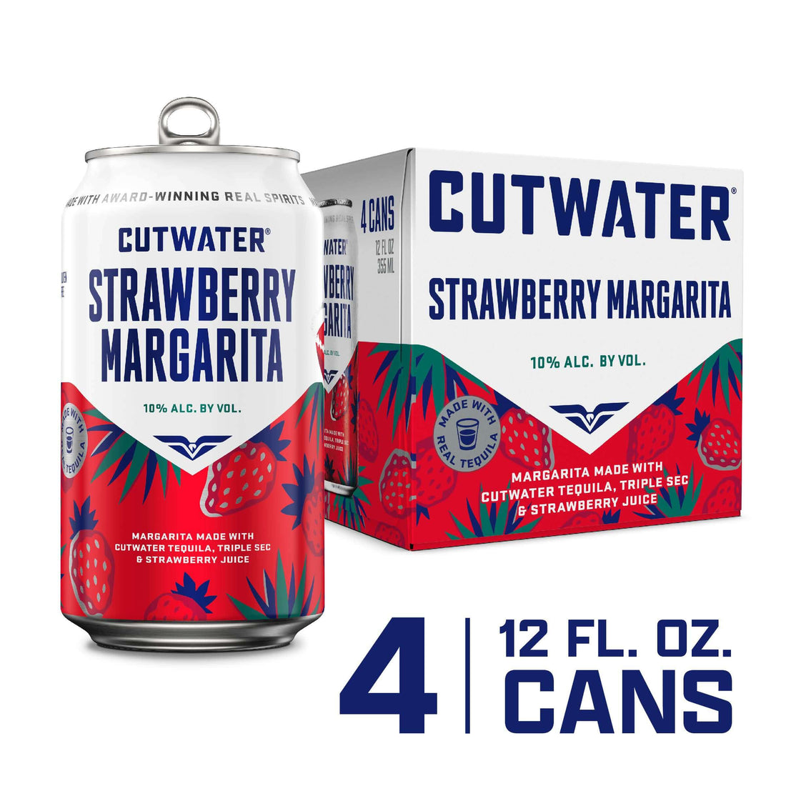 Cutwater Strawberry Margarita 4-pack, 12oz cans, featuring natural strawberry and tequila flavors from San Diego, California.