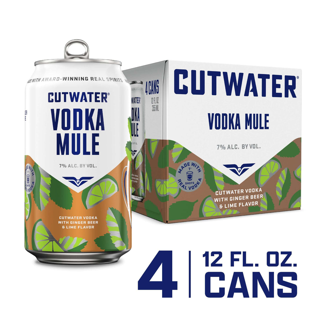 Cutwater Vodka Mule 4-pack of 12oz cans with ginger beer and lime flavor, 7% ABV, from San Diego, CA.