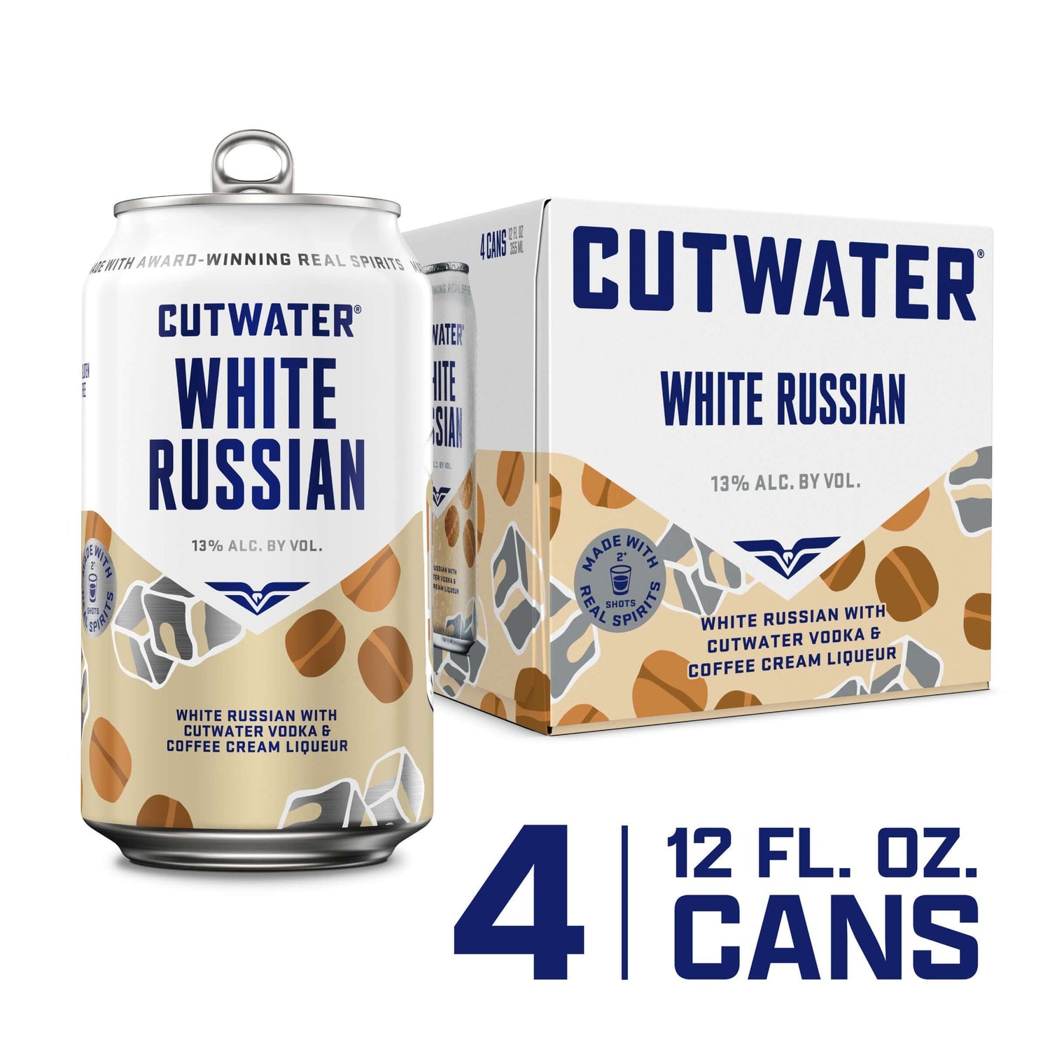 Cutwater White Russian 4PK, 12oz cans, ready-to-drink cocktail with vodka and coffee cream liqueur, 13% ABV, San Diego.