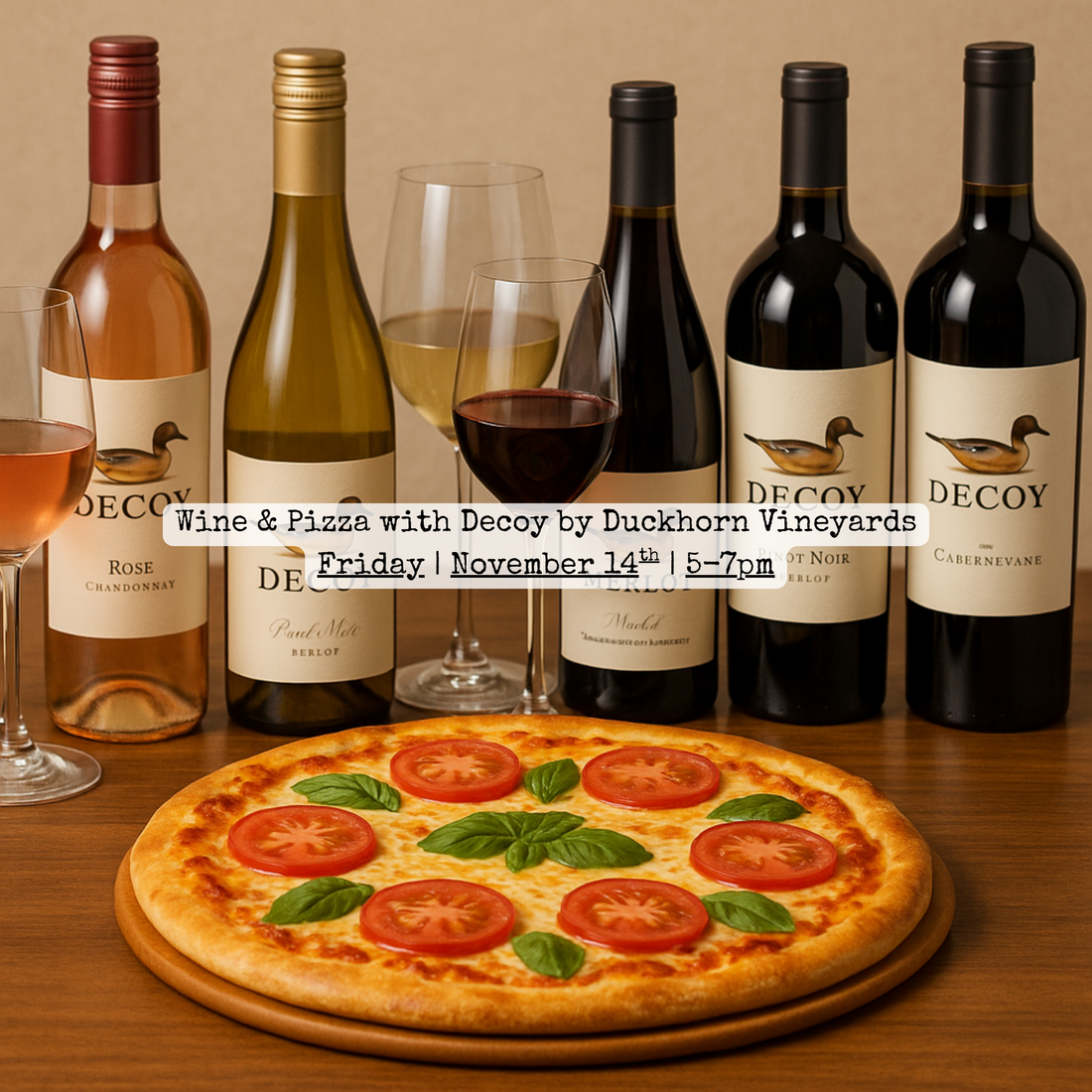 Decoy wine bottles and glasses with a Margherita pizza, promoting Wine &amp; Pizza Night at Park Plaza Liquor &amp; Deli on Nov 14.