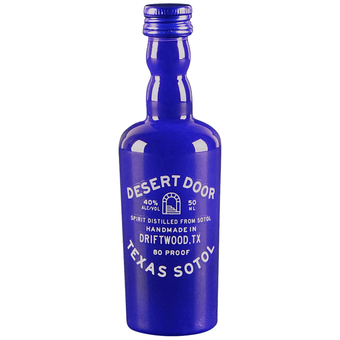 50ml bottle of Desert Door Texas Sotol, handcrafted spirit from Driftwood, Texas, made from wild-harvested sotol plants.
