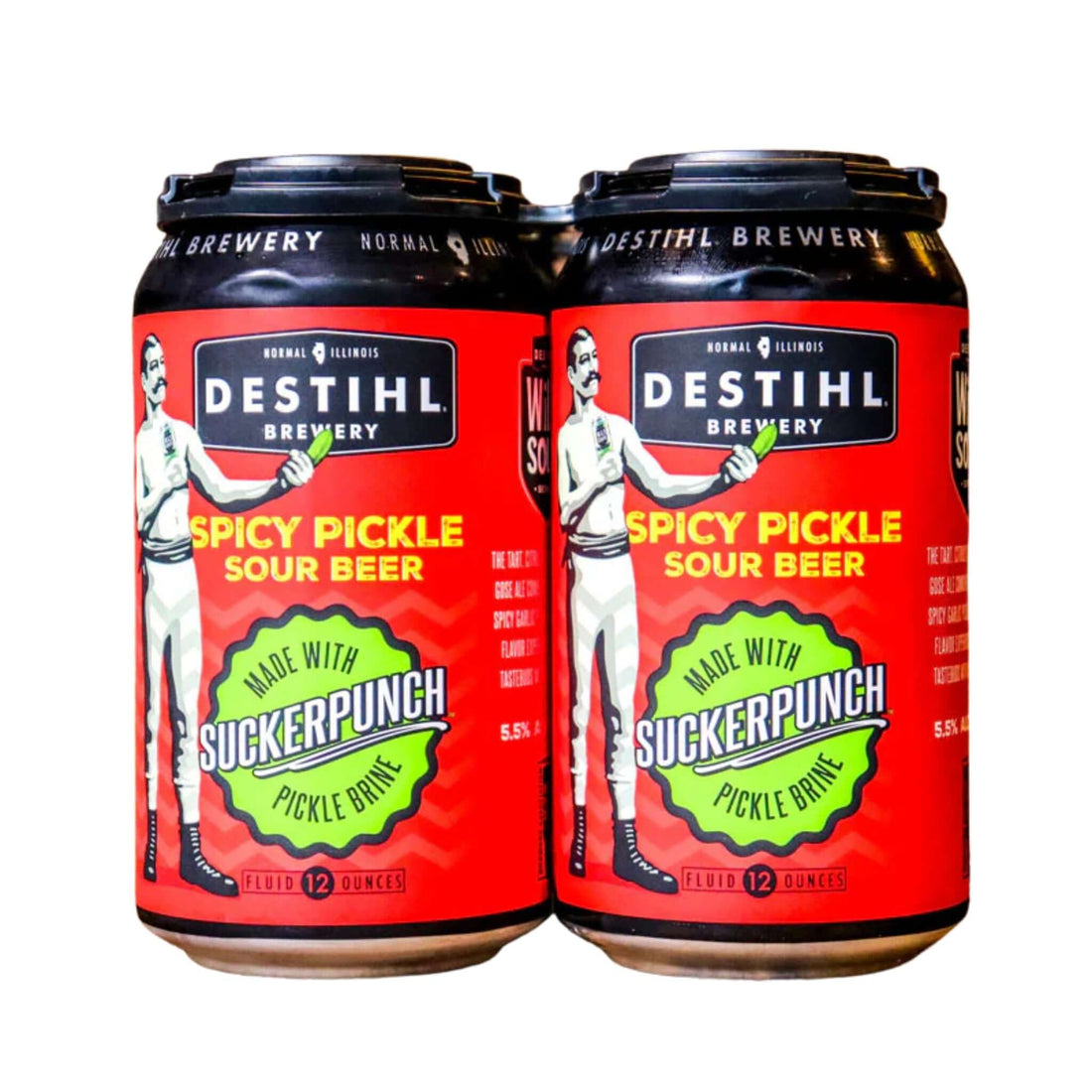 DESTIHL Suckerpunch Spicy Dill Pickle Sour 4-Pack Cans showcasing bold pickle flavor, 12oz, sour ale, Illinois brewery.