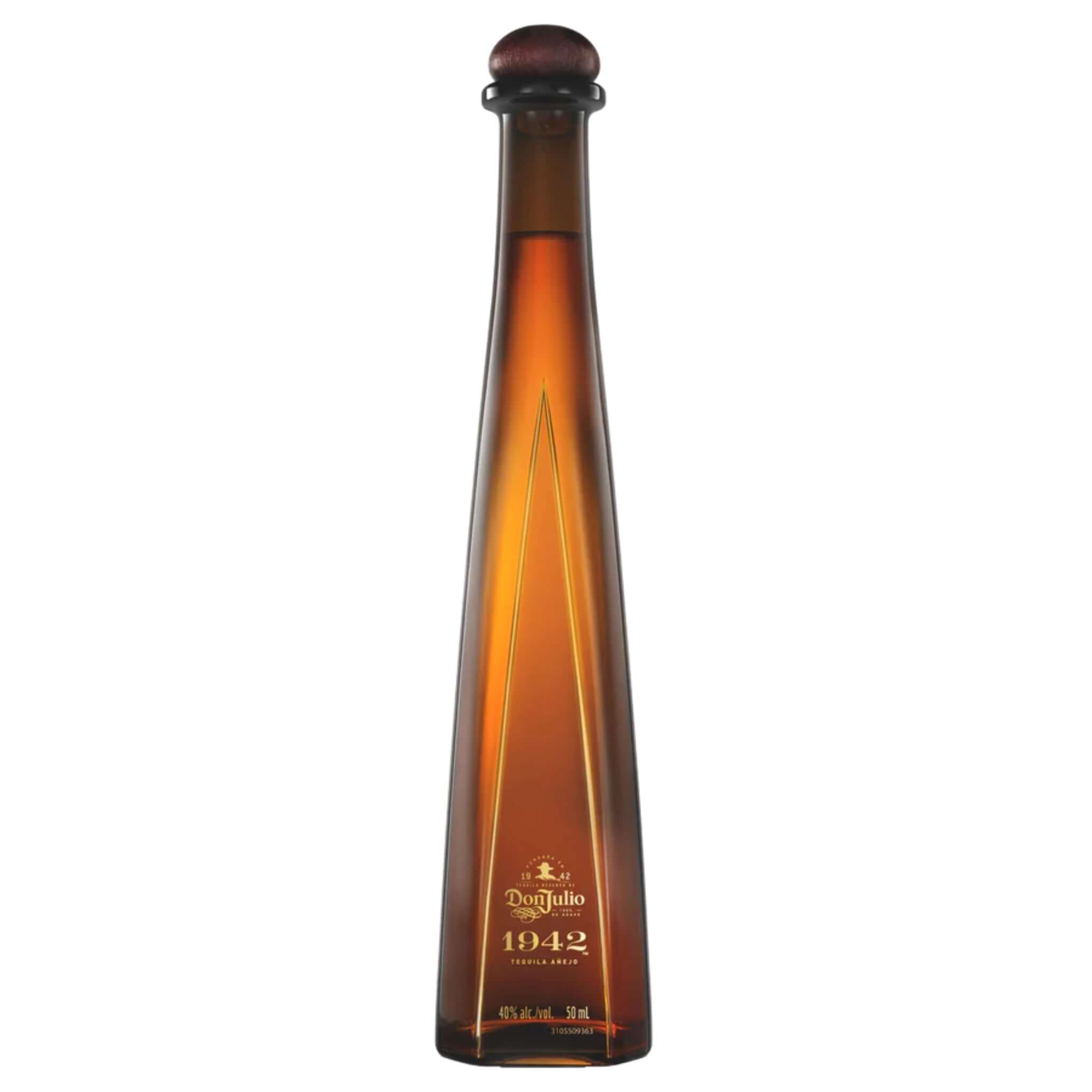 Don Julio 1942 Extra Añejo Tequila 50ml bottle with amber appearance, crafted for luxury and aged in American white oak barrels, iconic spirit.