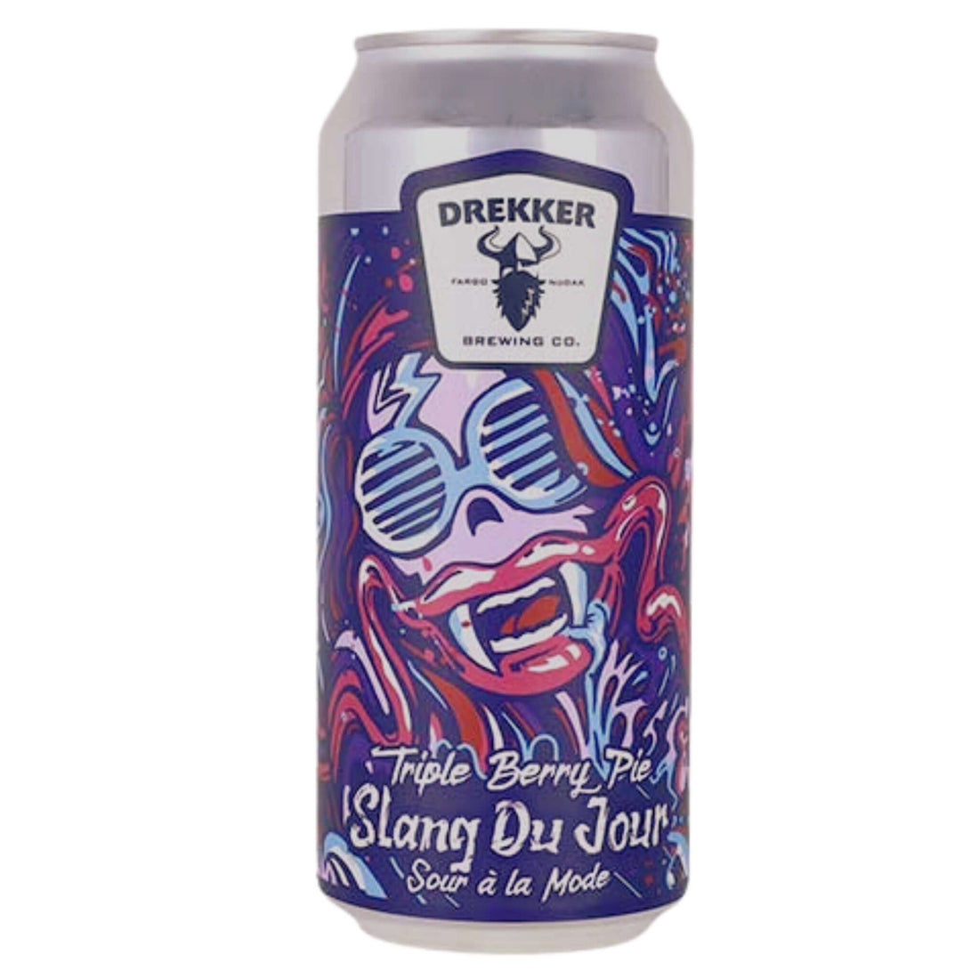 Drekker Brewing Slang Du Jour Triple Berry Pie sour ale 16oz can with vibrant artwork, brewed in Fargo, ND.