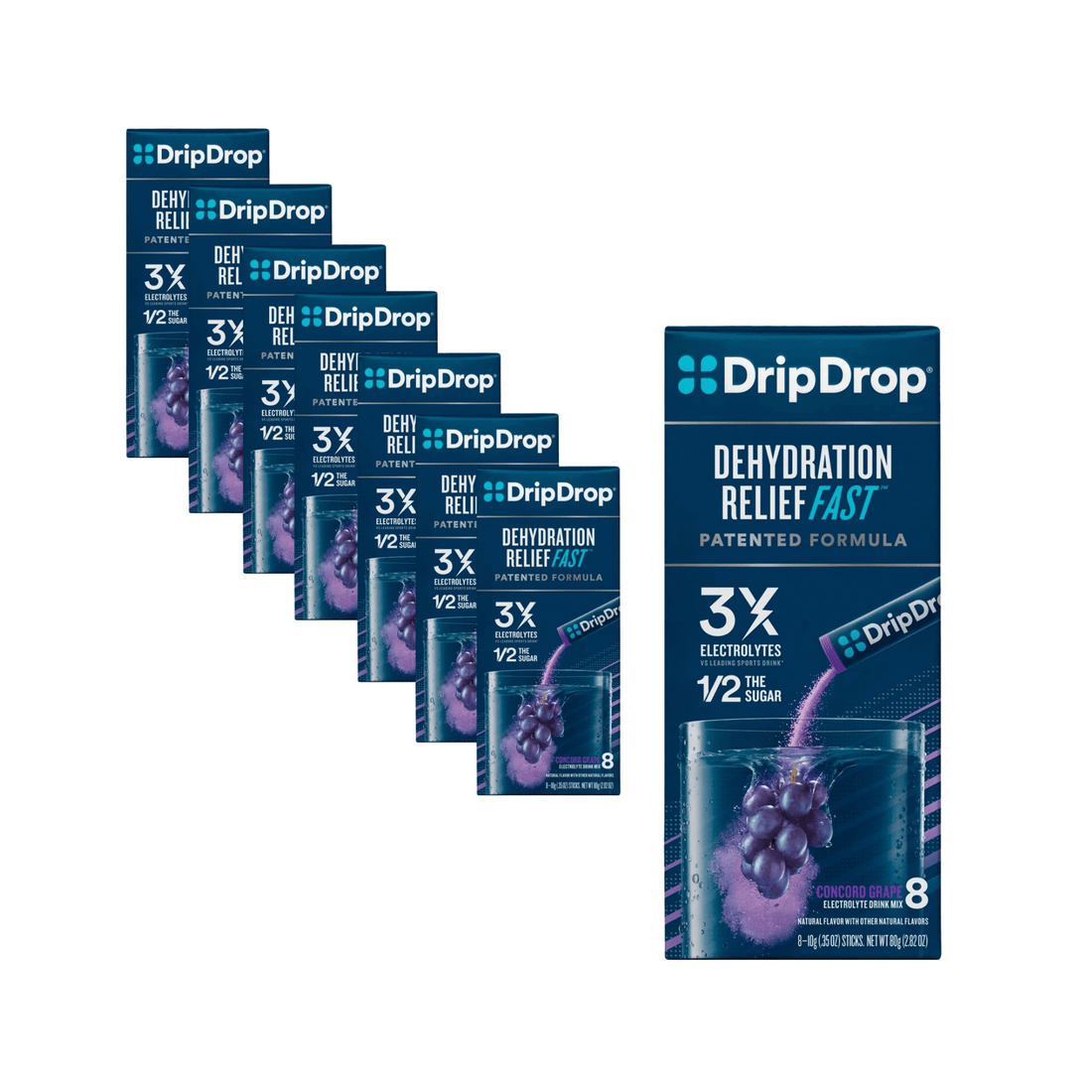 DripDrop Concord Grape Electrolyte Mix 8ct Box showing hydration relief formula and single-serving packets.