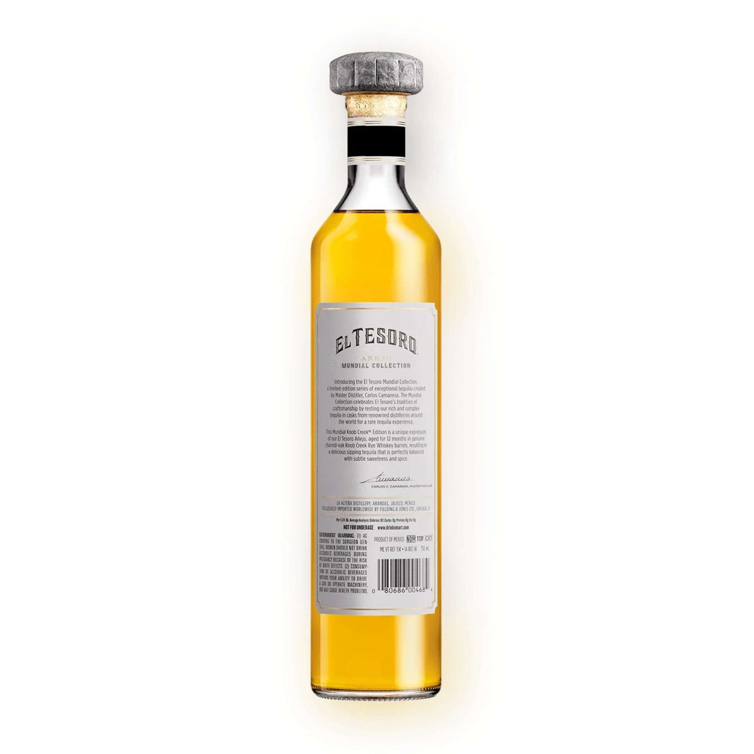 Bottle of El Tesoro Añejo Mundial Knob Creek 750ml, limited edition tequila from La Alteña Distillery in Arandas, Jalisco.