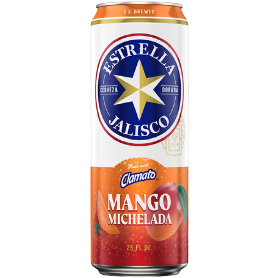 Estrella Jalisco Mango Michelada 25oz can with fruit and chili design, Mexican-style beer cocktail with mango and lime flavors.
