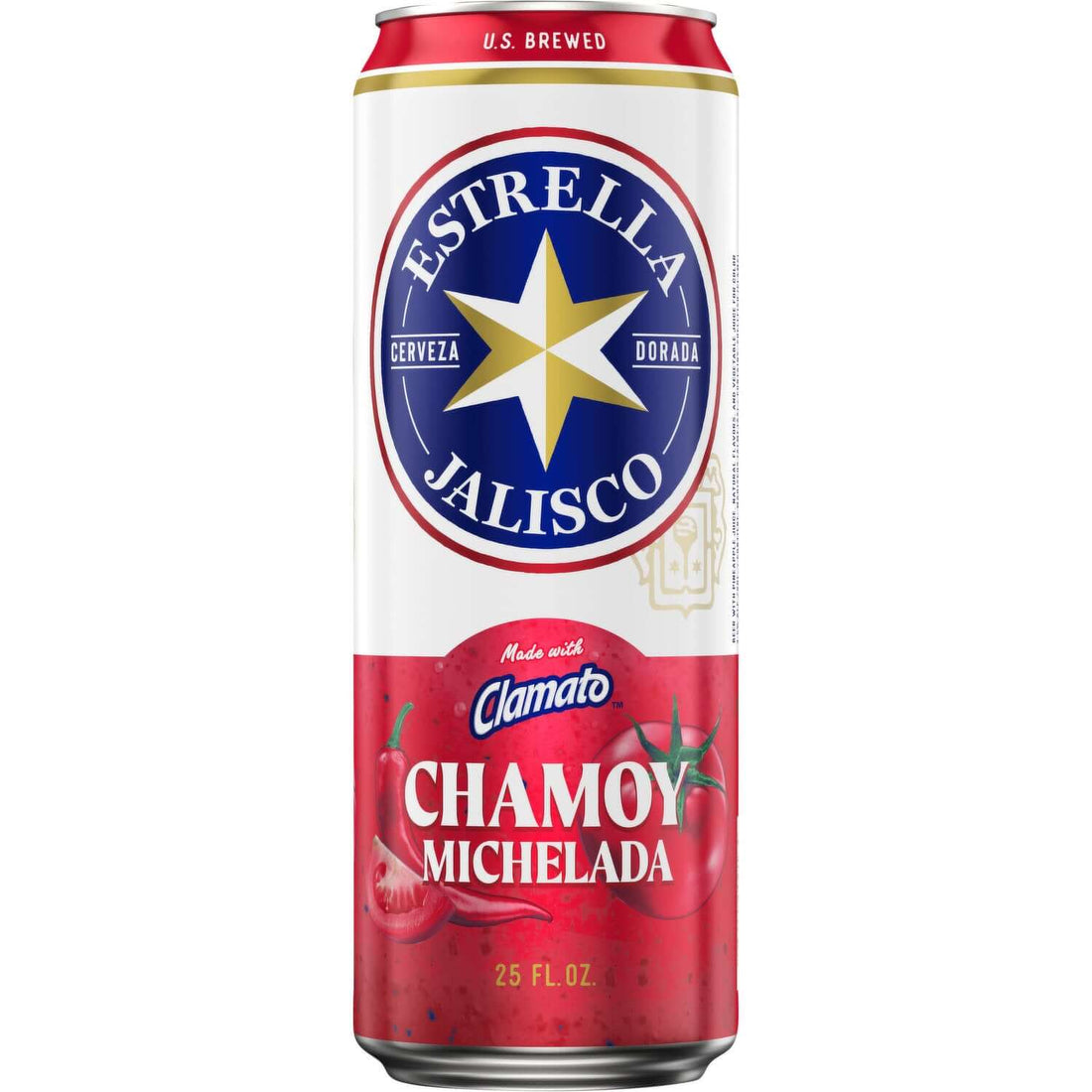 Estrella Jalisco Michelada Chamoy 25oz can with vibrant red and blue label, showcasing the chamoy fruit-flavored beer.