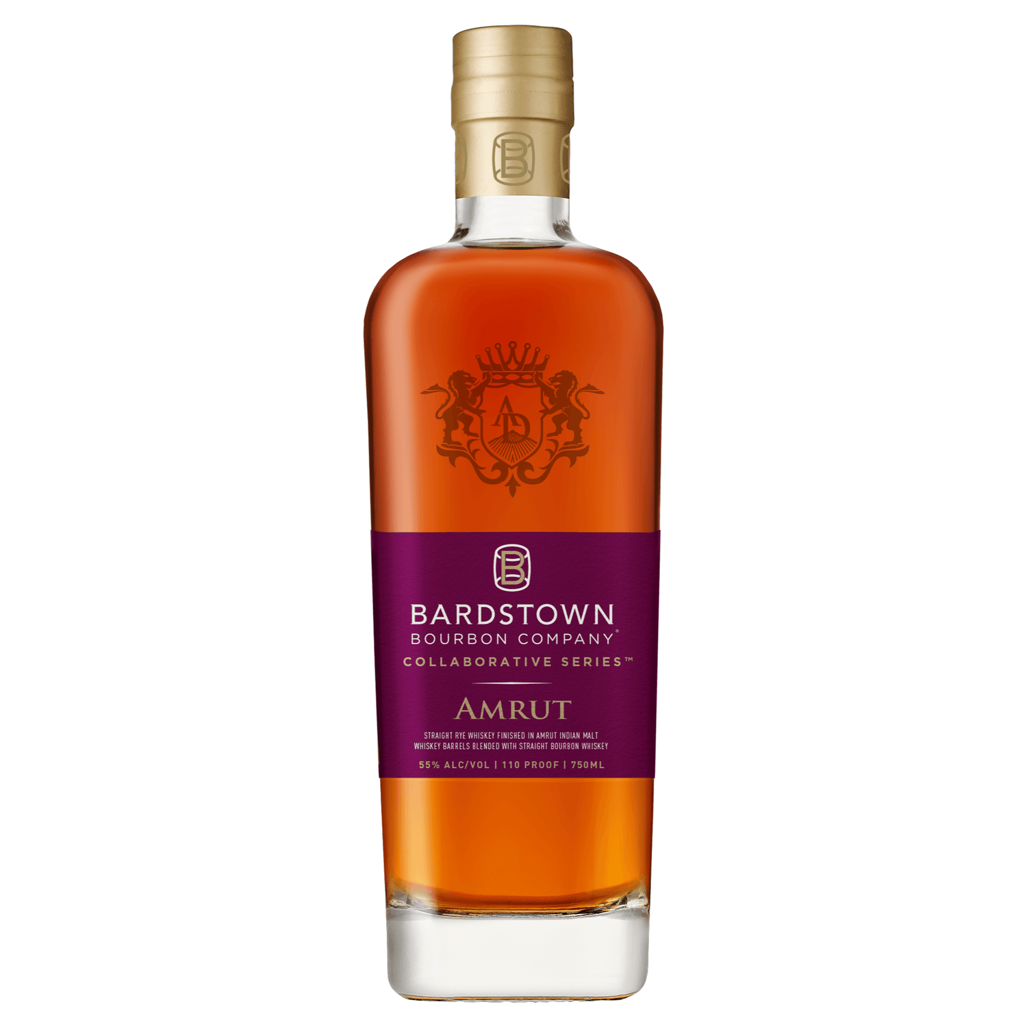 Bardstown Amrut Bourbon 750ml bottle, Blended American Whiskey with 55% ABV, featuring distinctive Indian and American flavors.