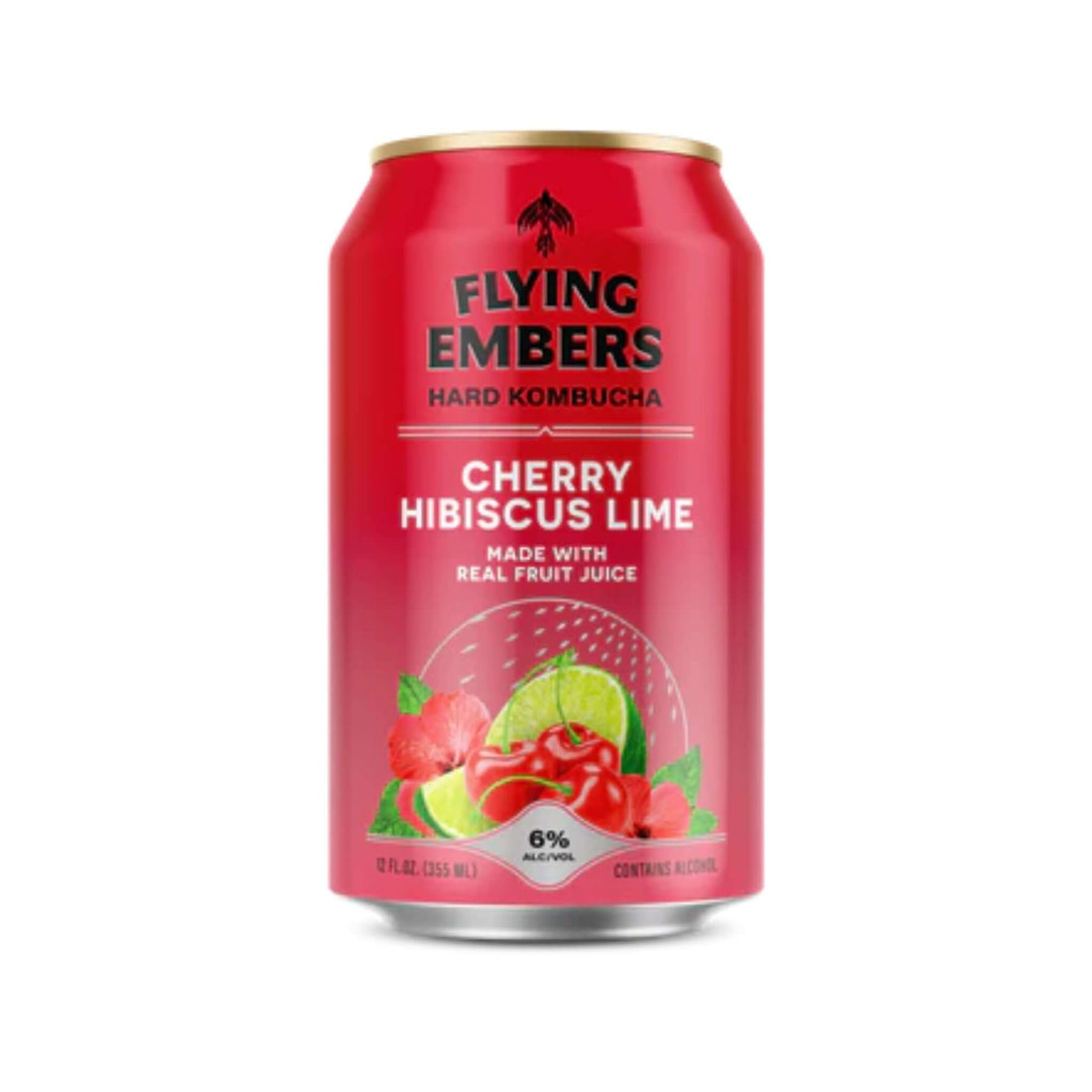Flying Embers Cherry Hibiscus Lime Hard Kombucha 12oz can with vibrant red label featuring cherry and lime imagery.