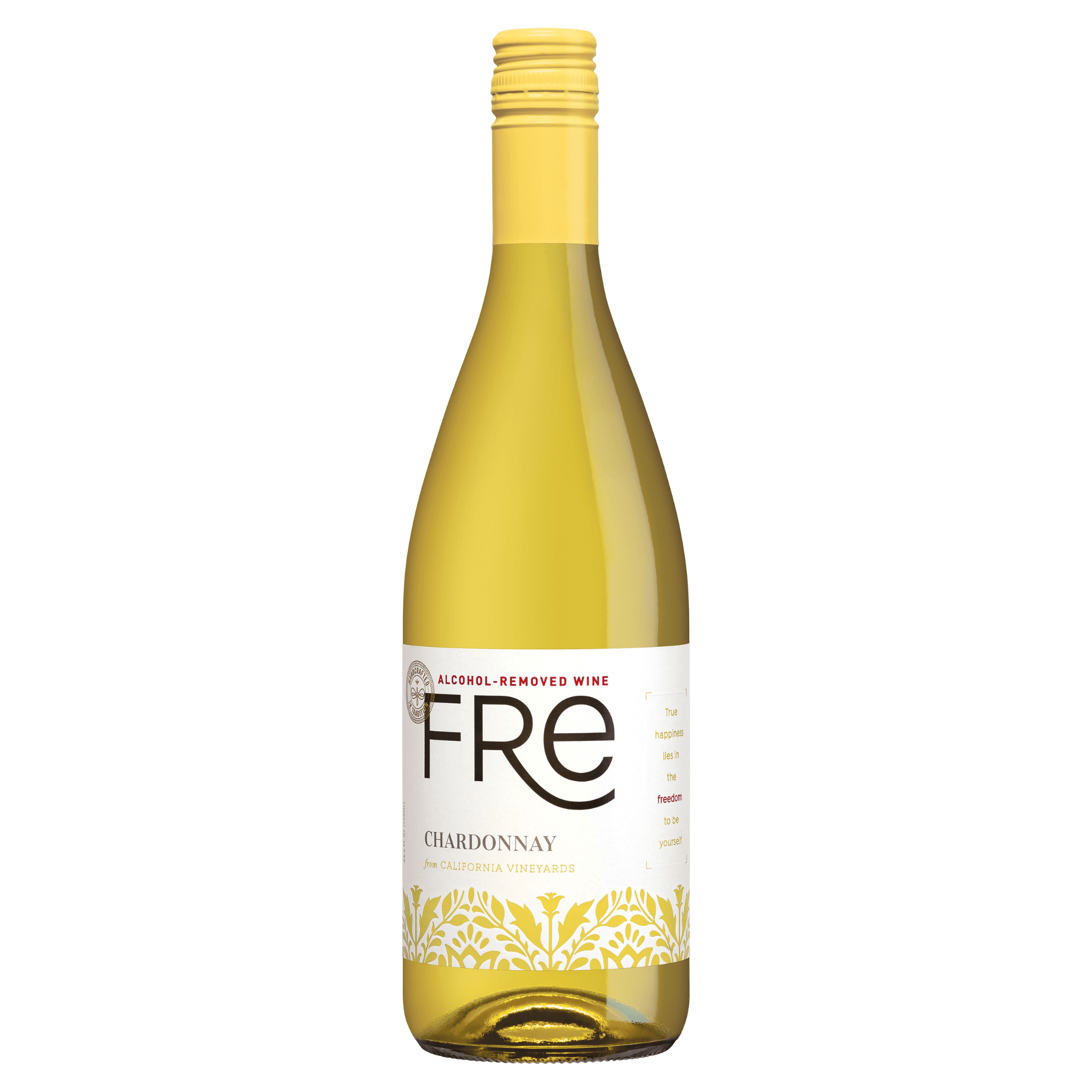 FRE Alcohol-Removed Chardonnay 750ml bottle, non-alcoholic wine from California, with label showing golden straw color design.