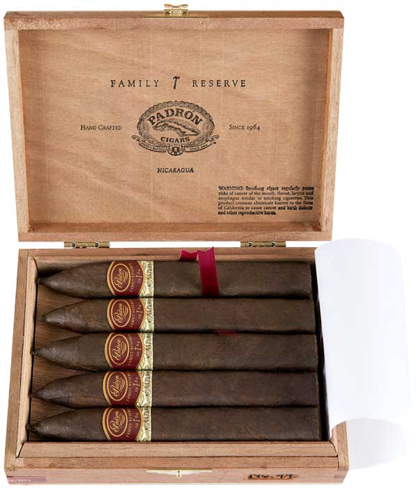 Box of Padron Family Reserve No. 44 Natural cigars, Nicaragua, with wooden box open displaying torpedo-shaped cigars.