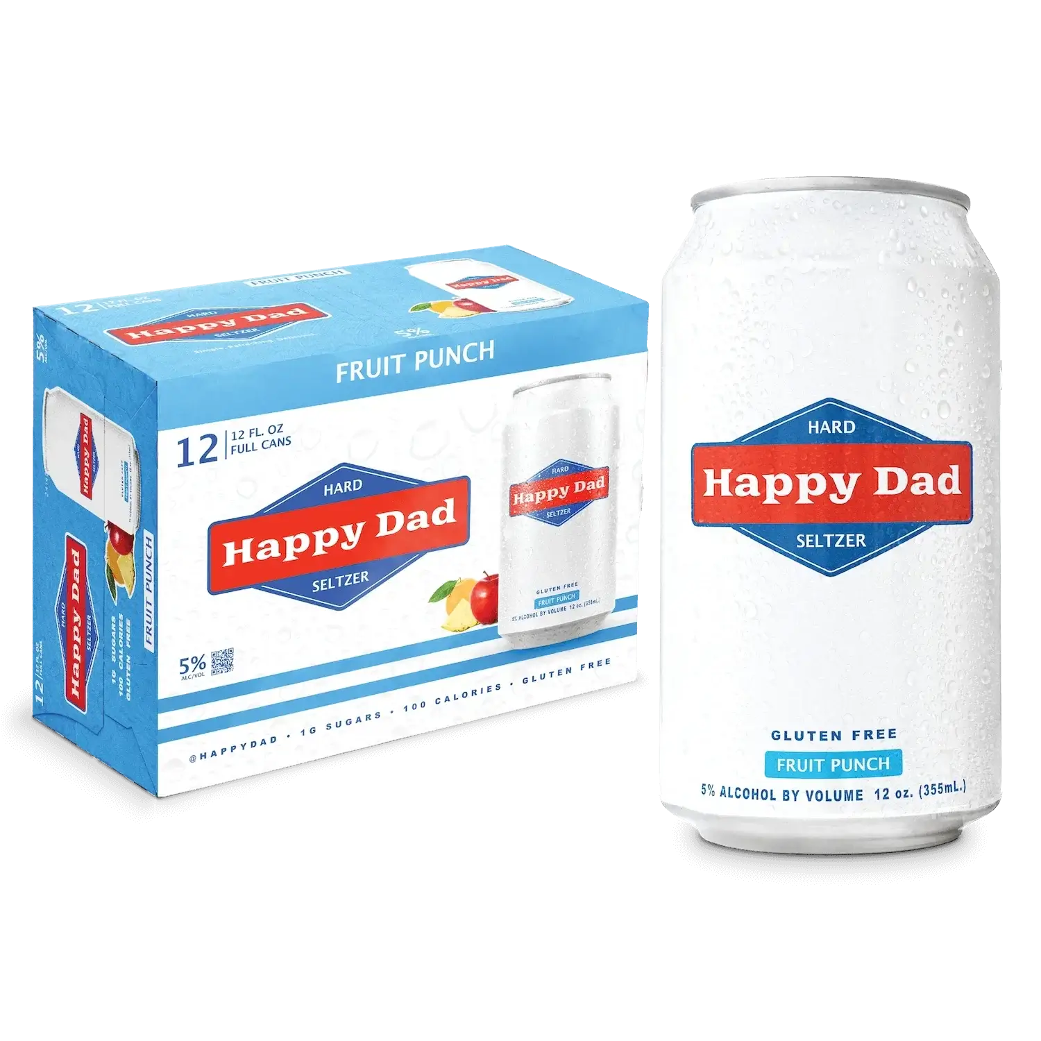 Happy Dad Fruit Punch Hard Seltzer 12 Pack with 12oz Cans, featuring cherry and orange flavors with tropical finish, 5% ABV.